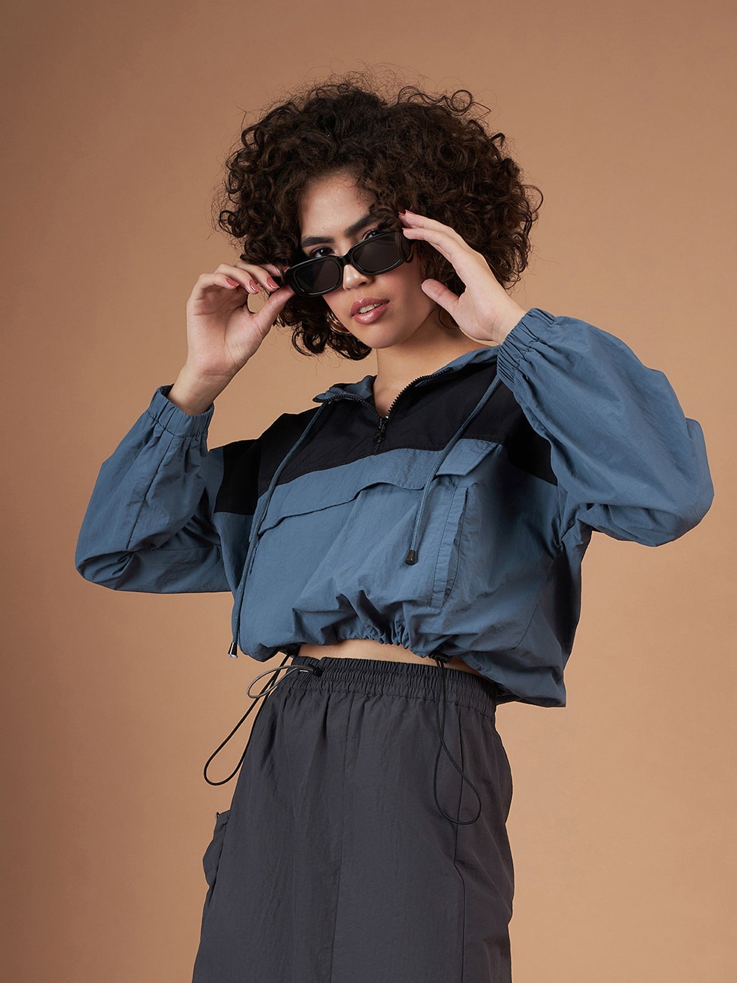 Women Black Colourblock Parachute Hoodie