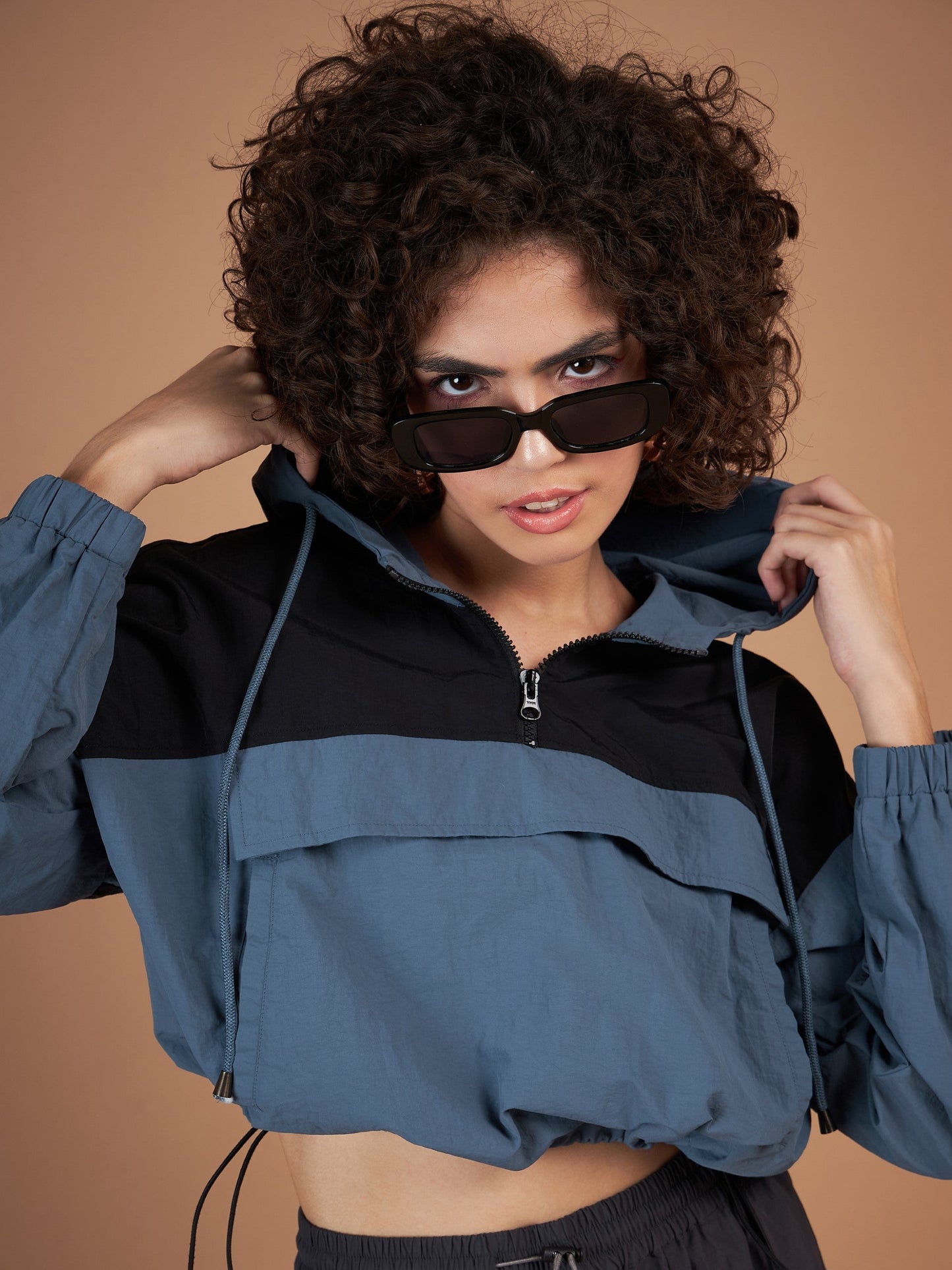 Women Black Colourblock Parachute Hoodie
