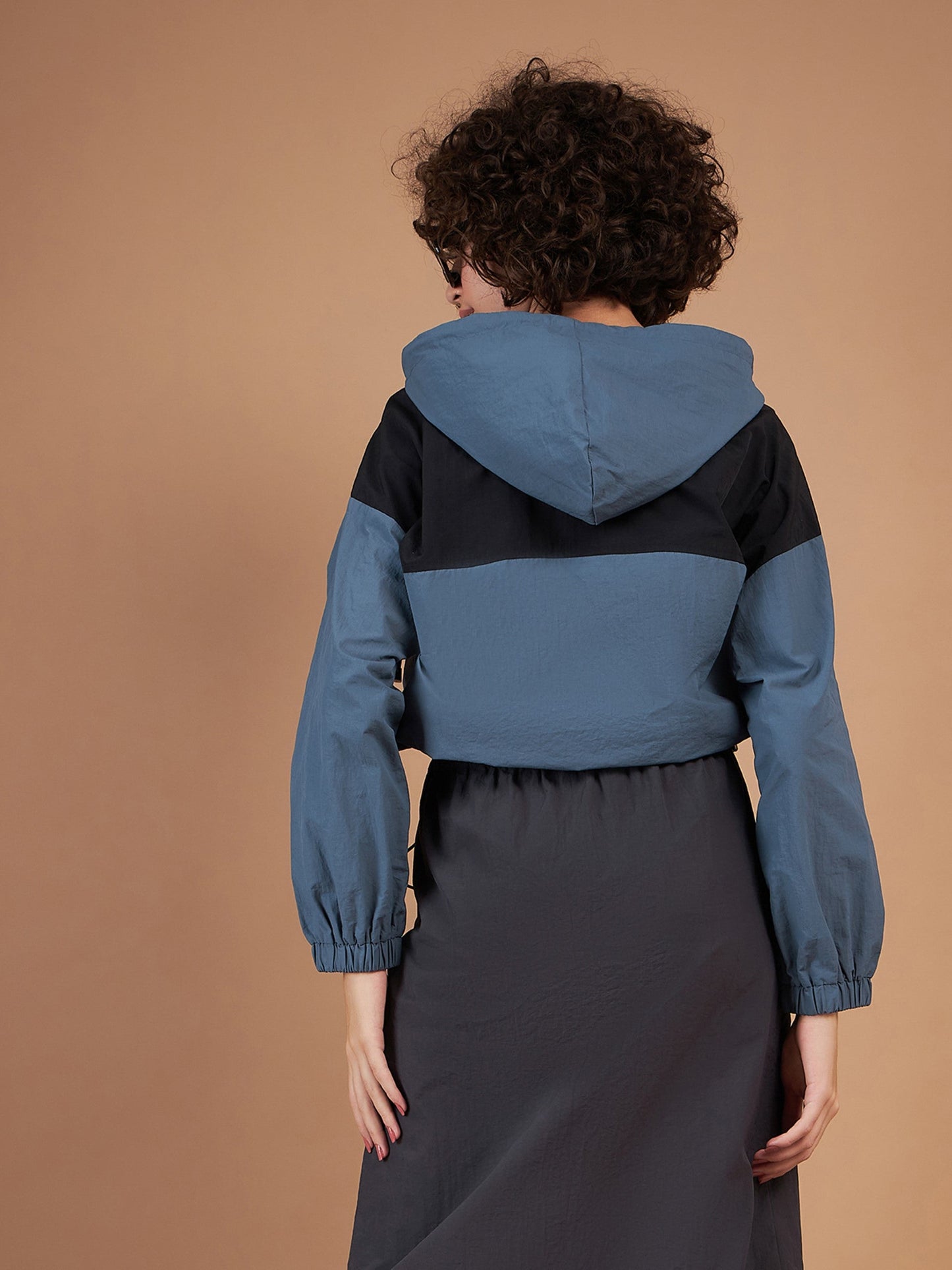 Women Black Colourblock Parachute Hoodie