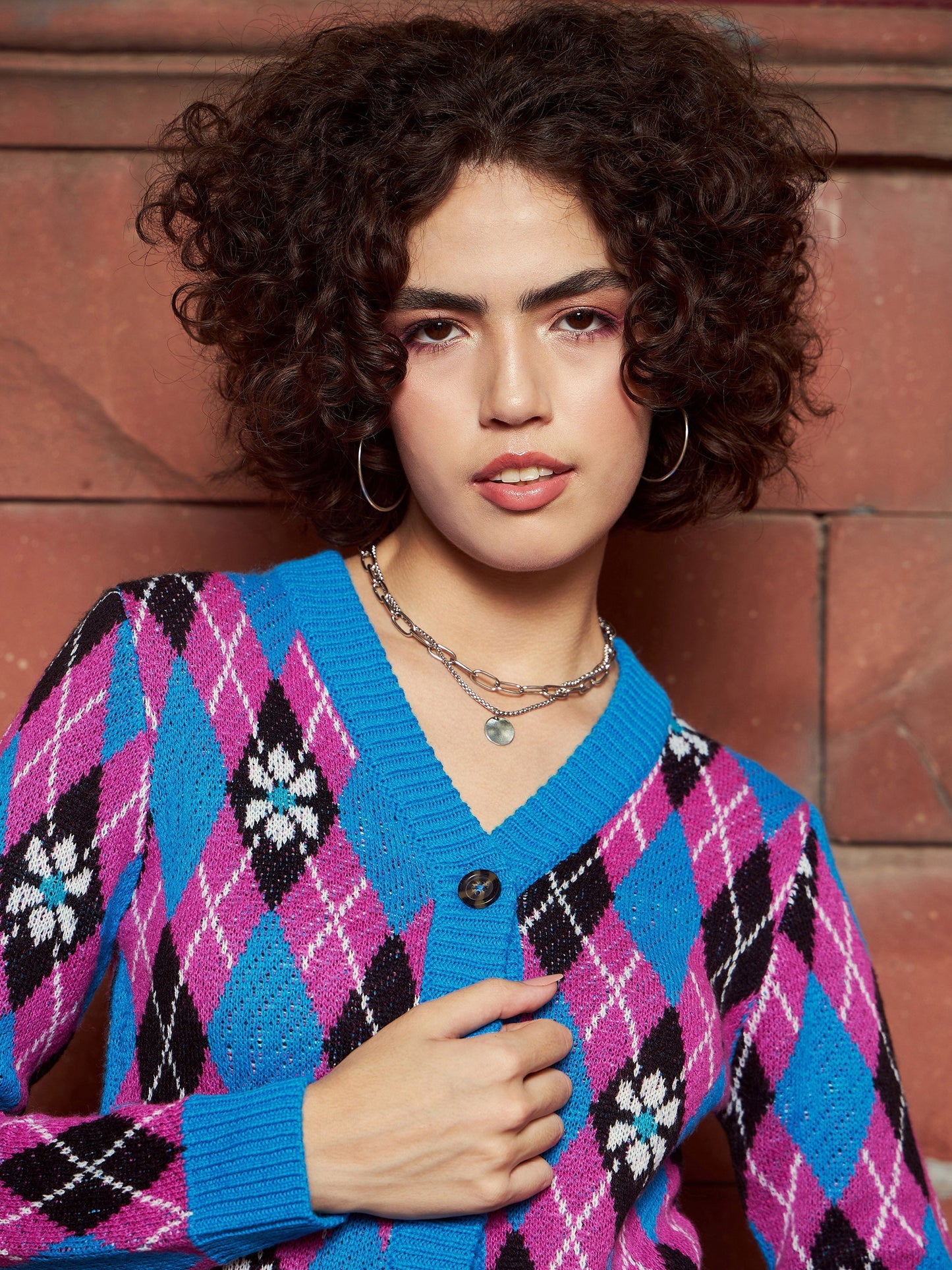 Blue Geometric Front Open Wool Cardigan-SASSAFRAS
