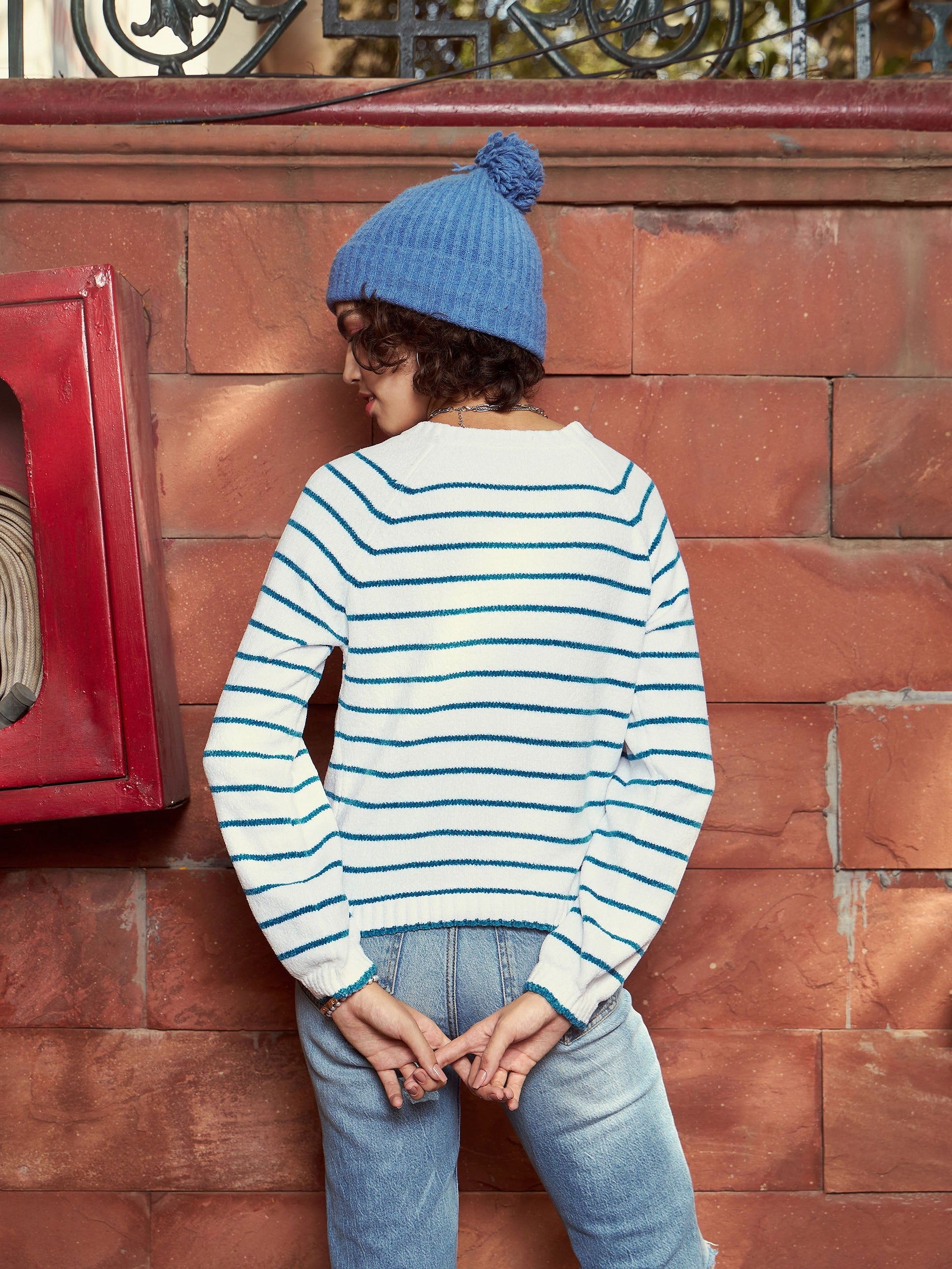 Blue & White Striped Full Sleeves Sweater-SASSAFRAS