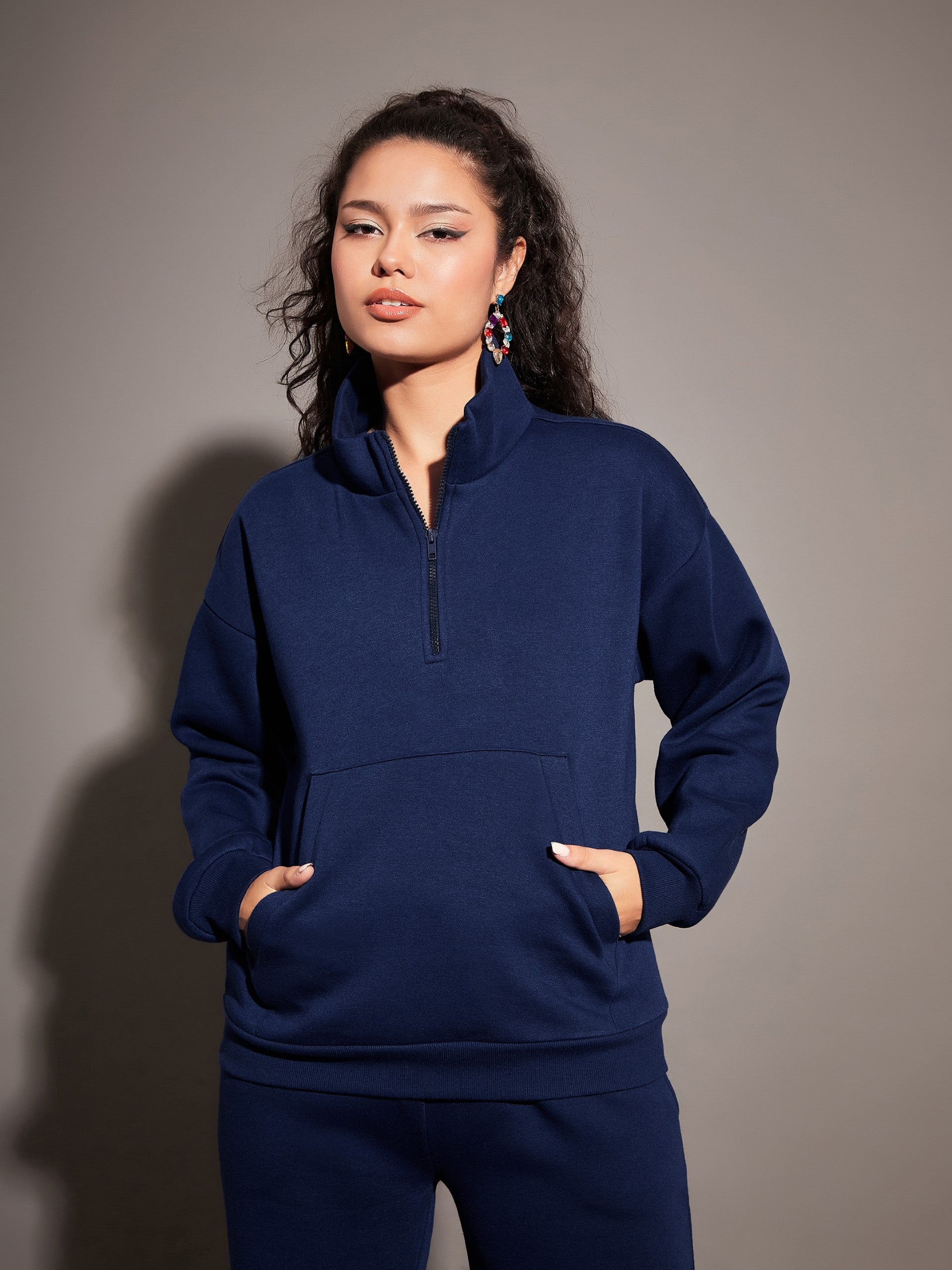 Navy Fleece Front Zipper Sweatshirt-SASSAFRAS