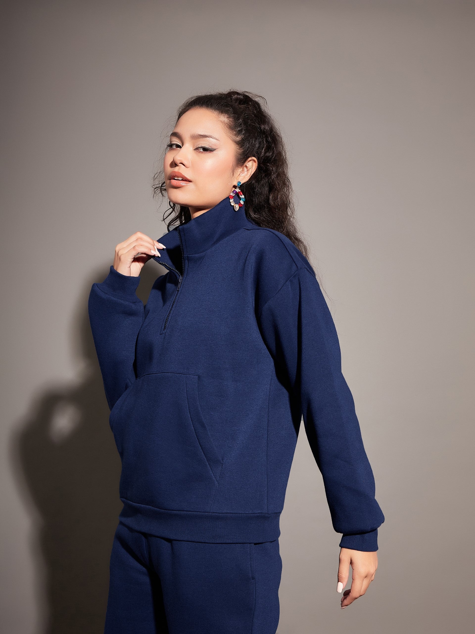 Navy Fleece Front Zipper Sweatshirt-SASSAFRAS