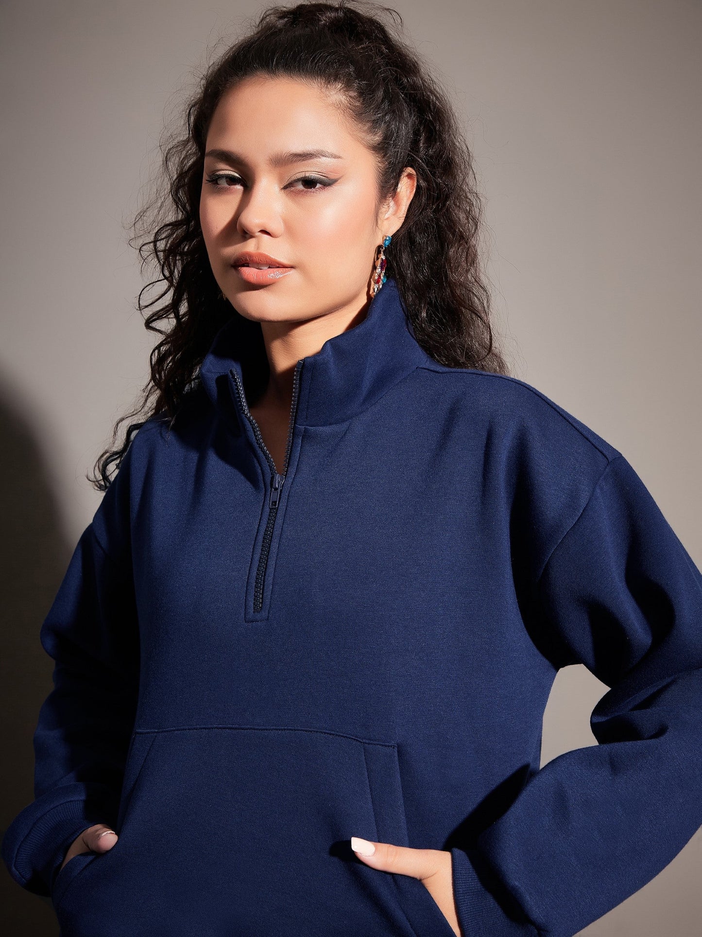 Navy Fleece Front Zipper Sweatshirt-SASSAFRAS