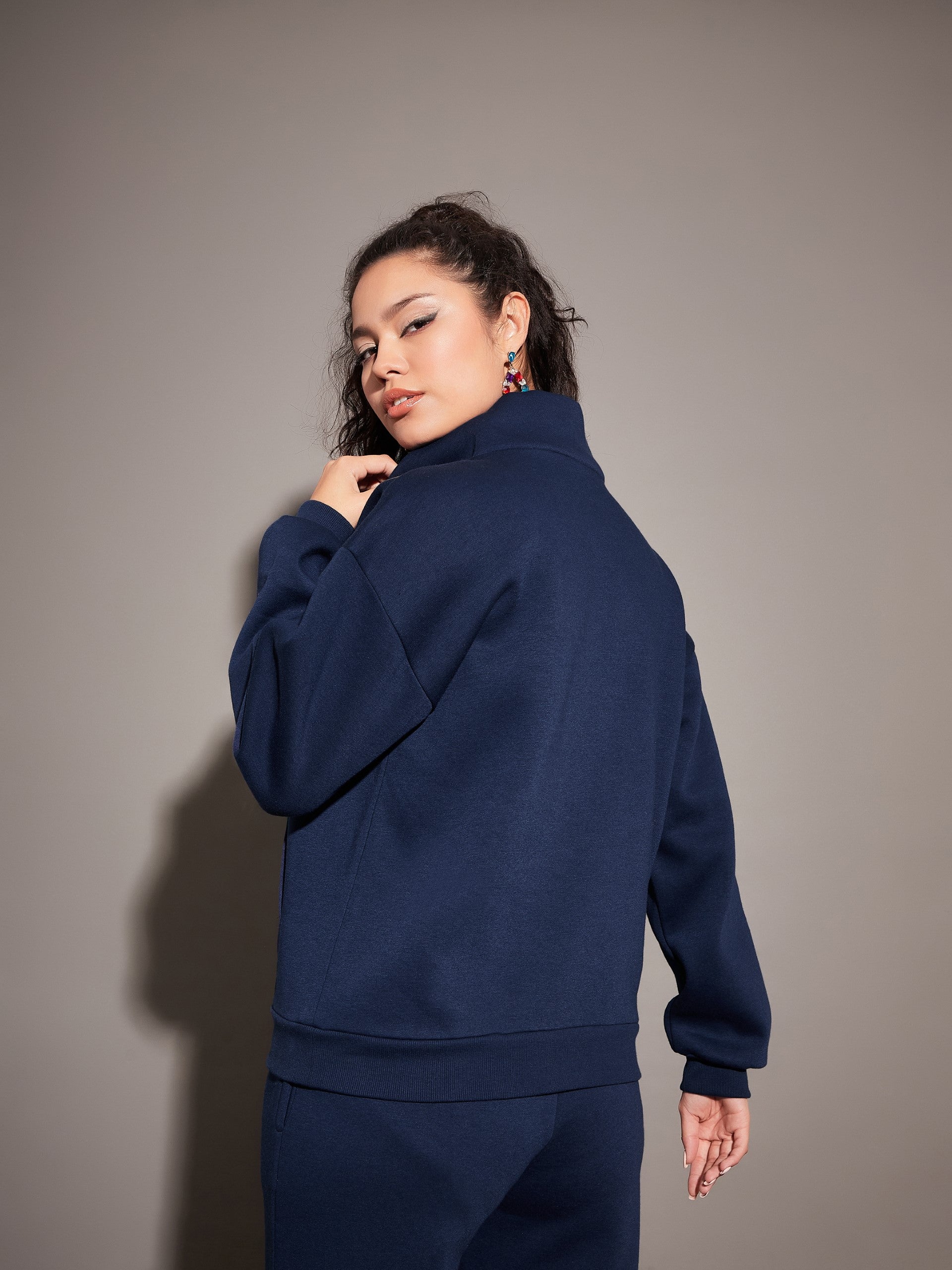 Navy Fleece Front Zipper Sweatshirt-SASSAFRAS