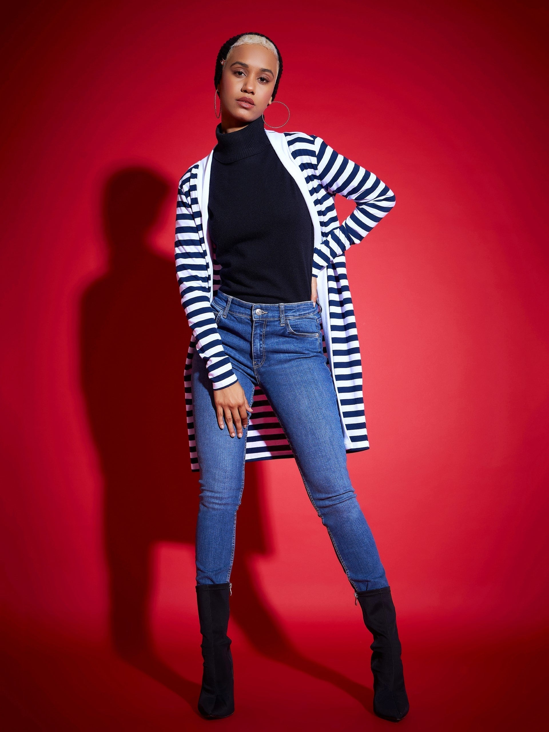 Navy & White Striped Front Open Sweater-SASSAFRAS