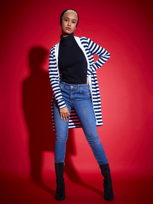 Navy & White Striped Front Open Sweater-SASSAFRAS