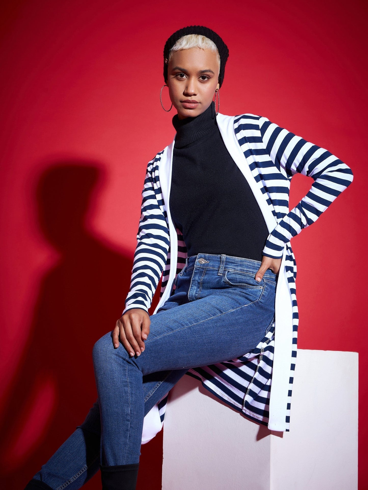 Navy & White Striped Front Open Sweater-SASSAFRAS