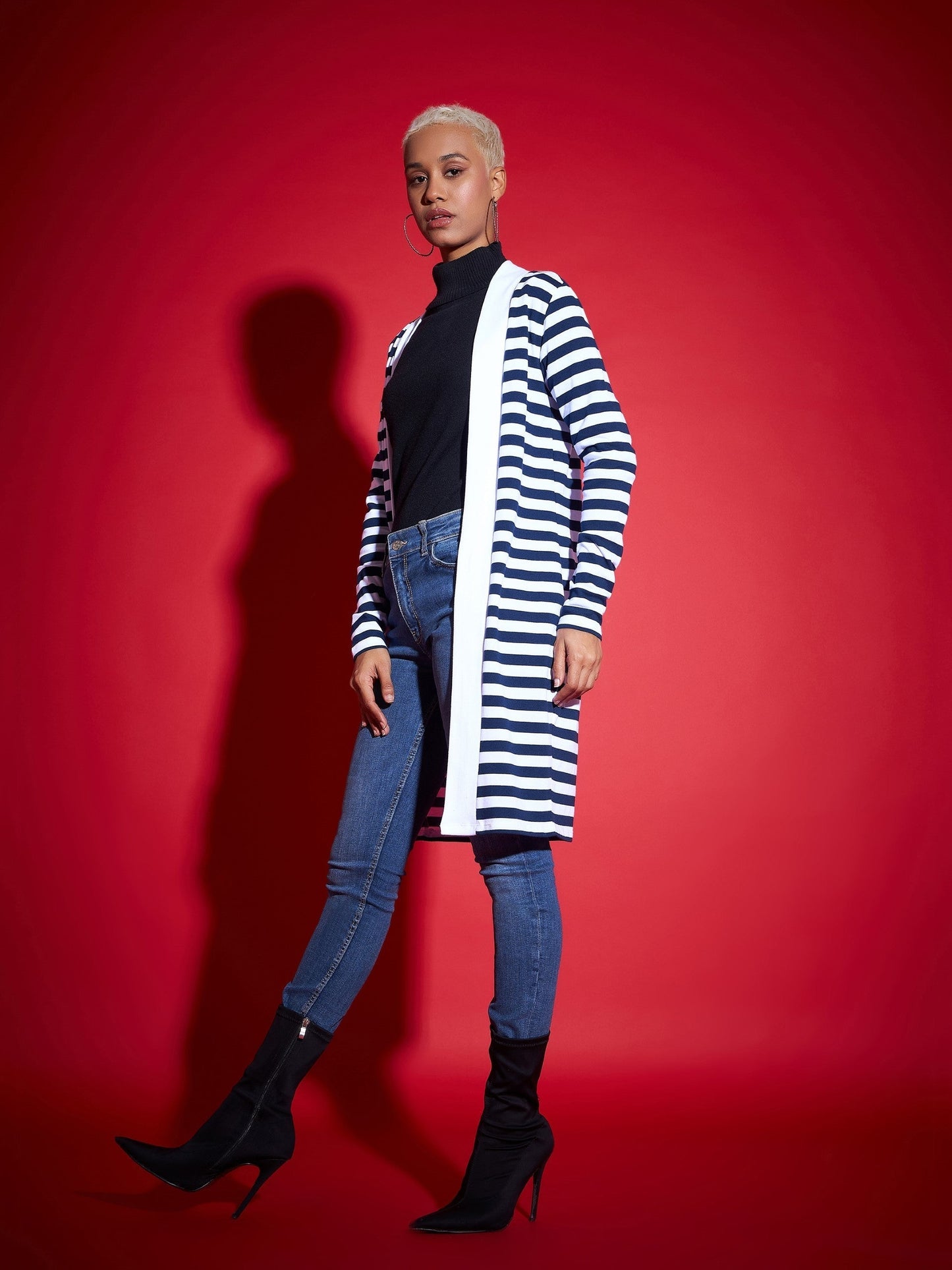 Navy & White Striped Front Open Sweater-SASSAFRAS