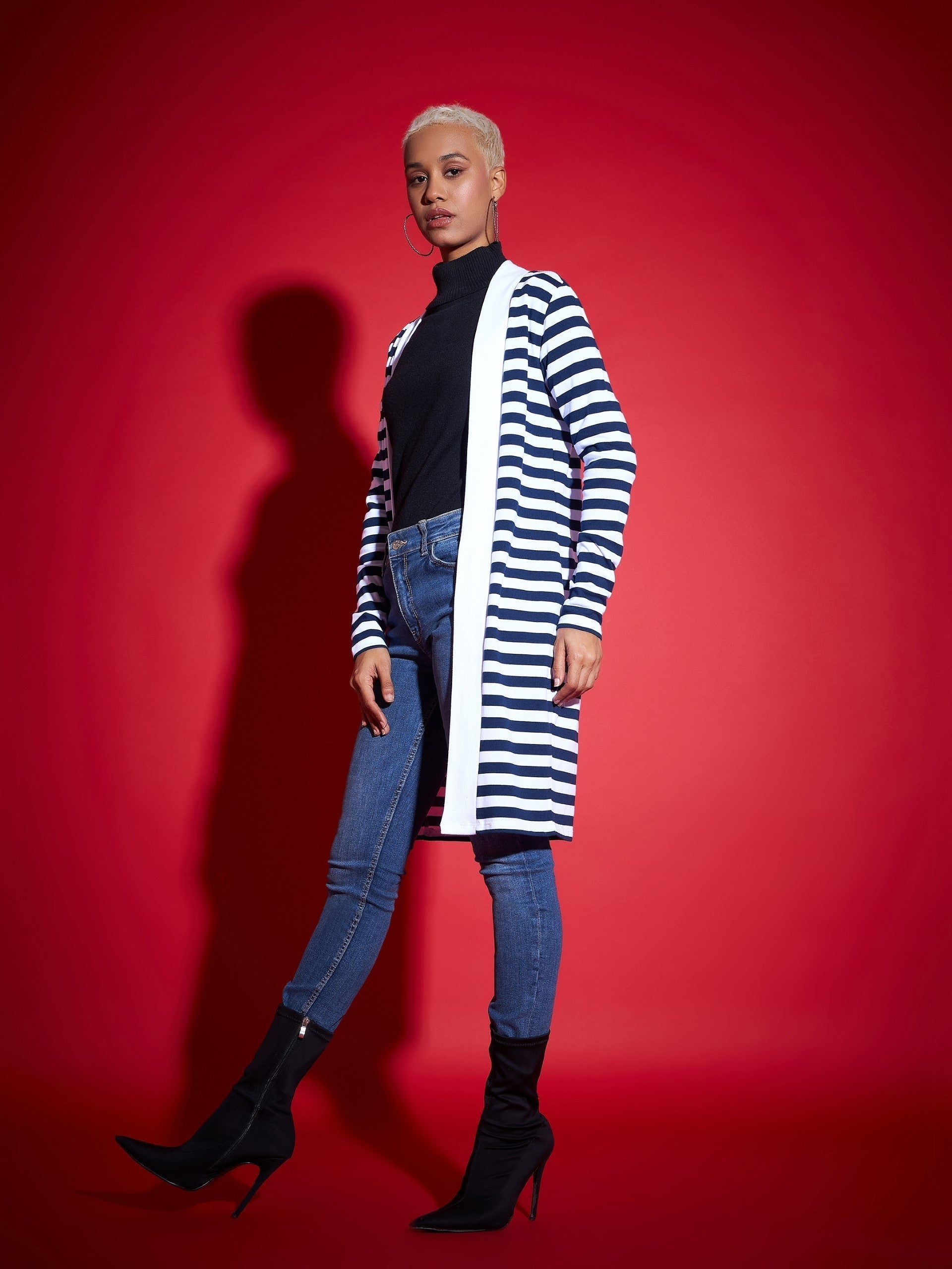 Navy & White Striped Front Open Sweater-SASSAFRAS