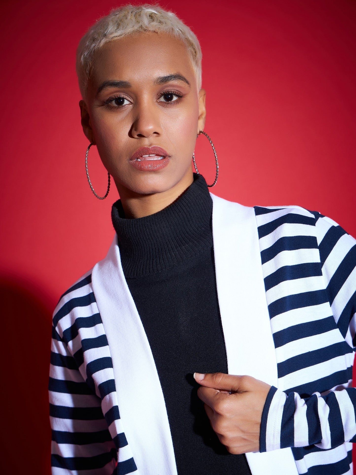 Navy & White Striped Front Open Sweater-SASSAFRAS