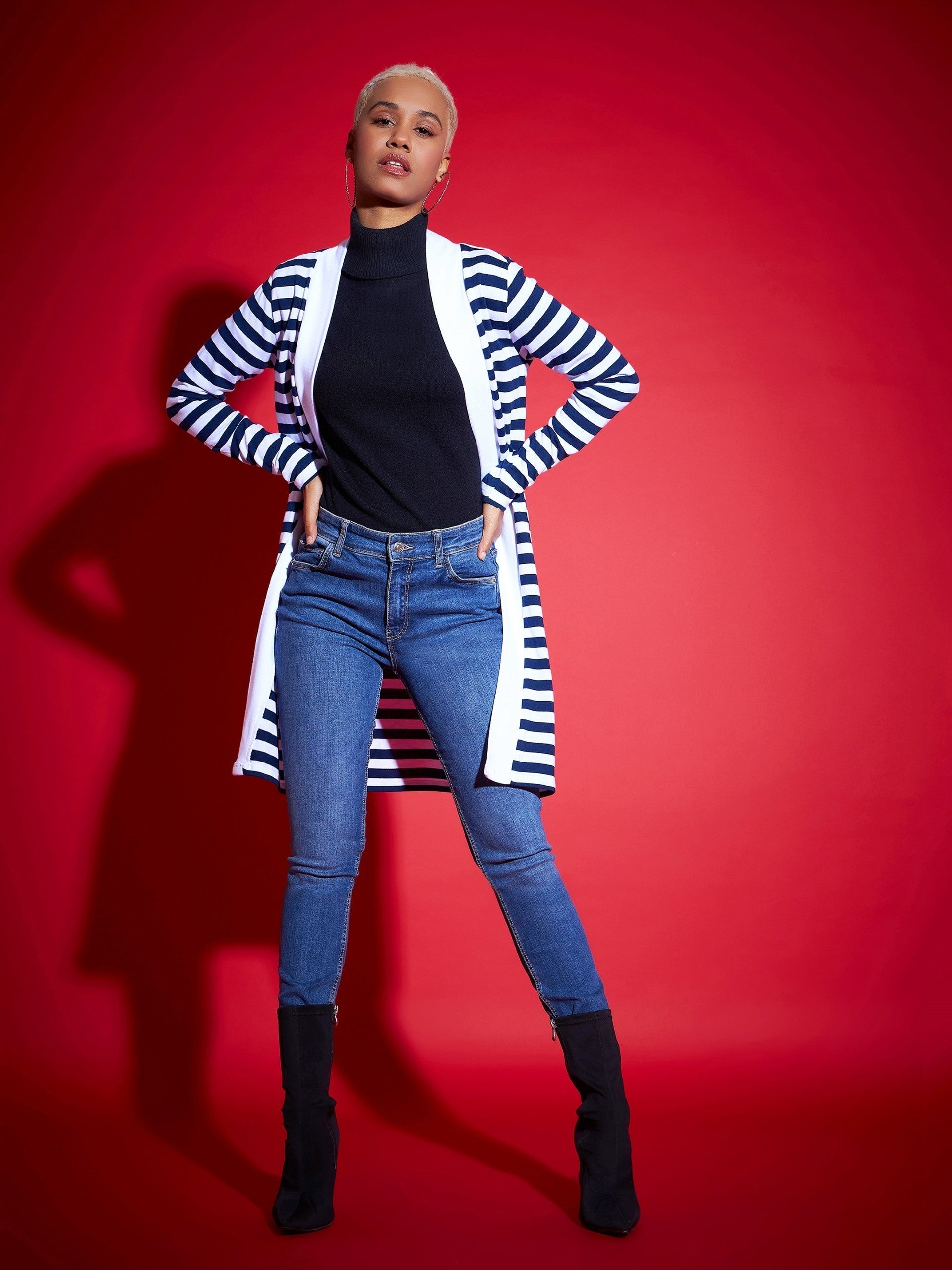 Navy & White Striped Front Open Sweater-SASSAFRAS