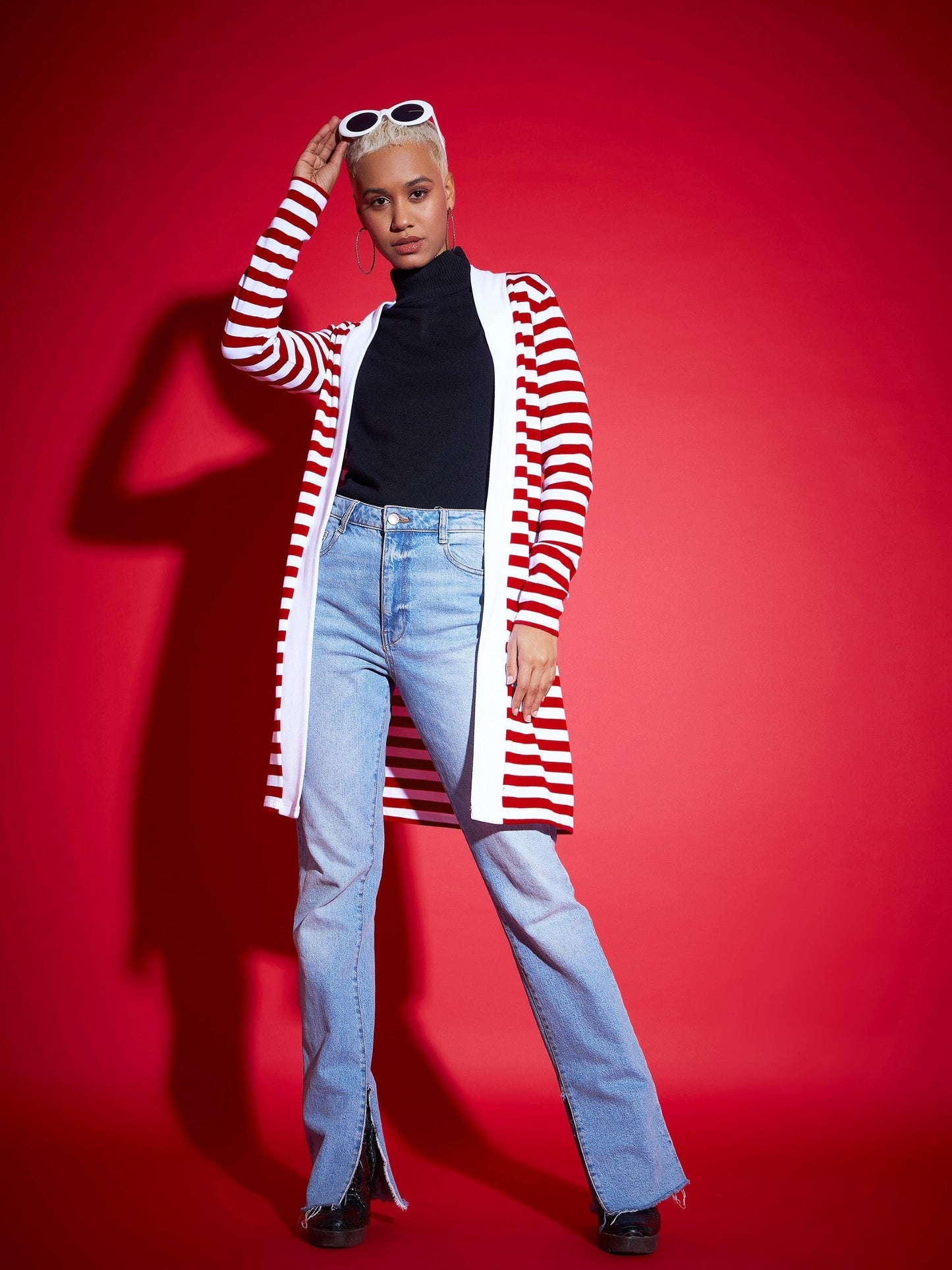 Red & White Striped Front Open Sweater-SASSAFRAS