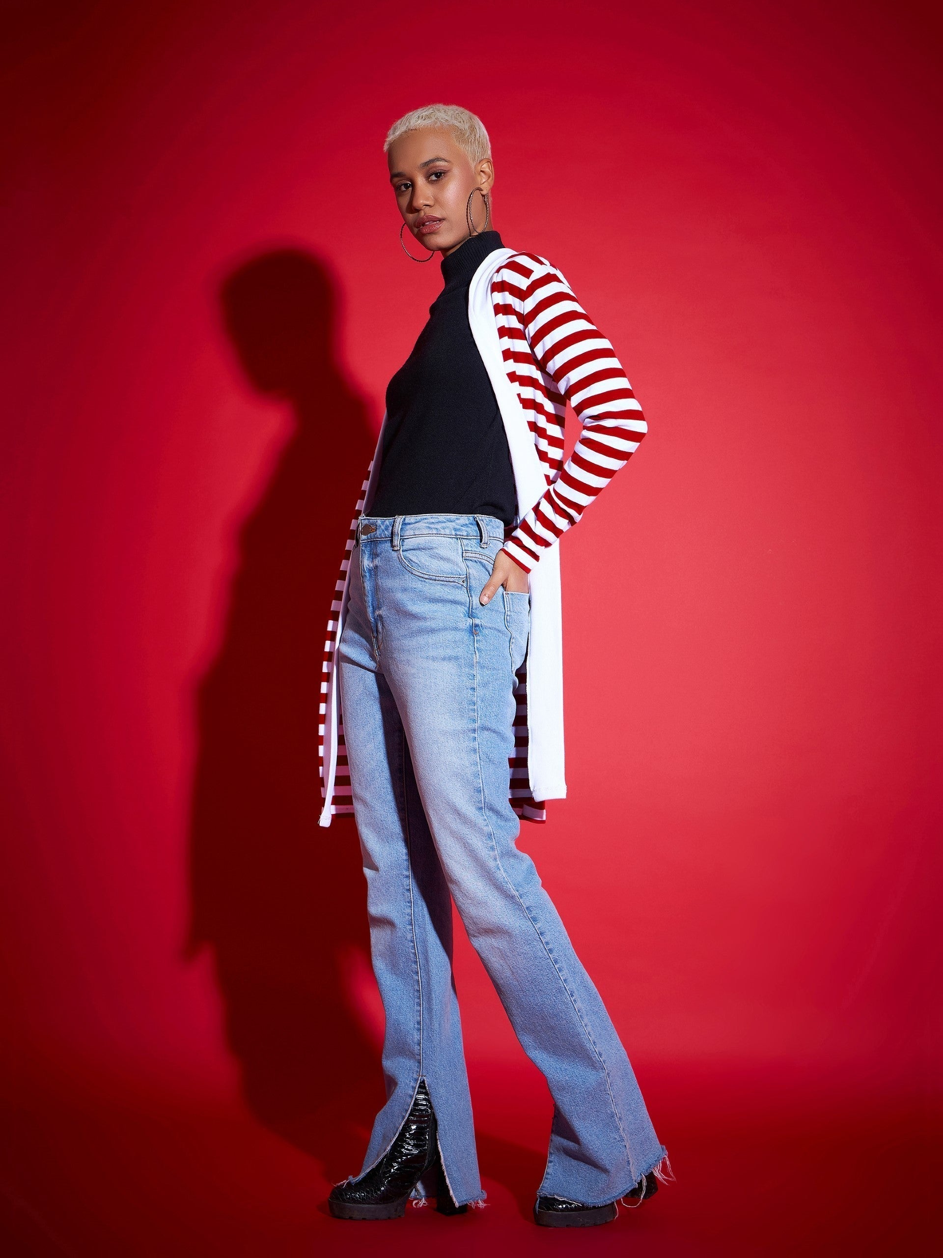 Red & White Striped Front Open Sweater-SASSAFRAS
