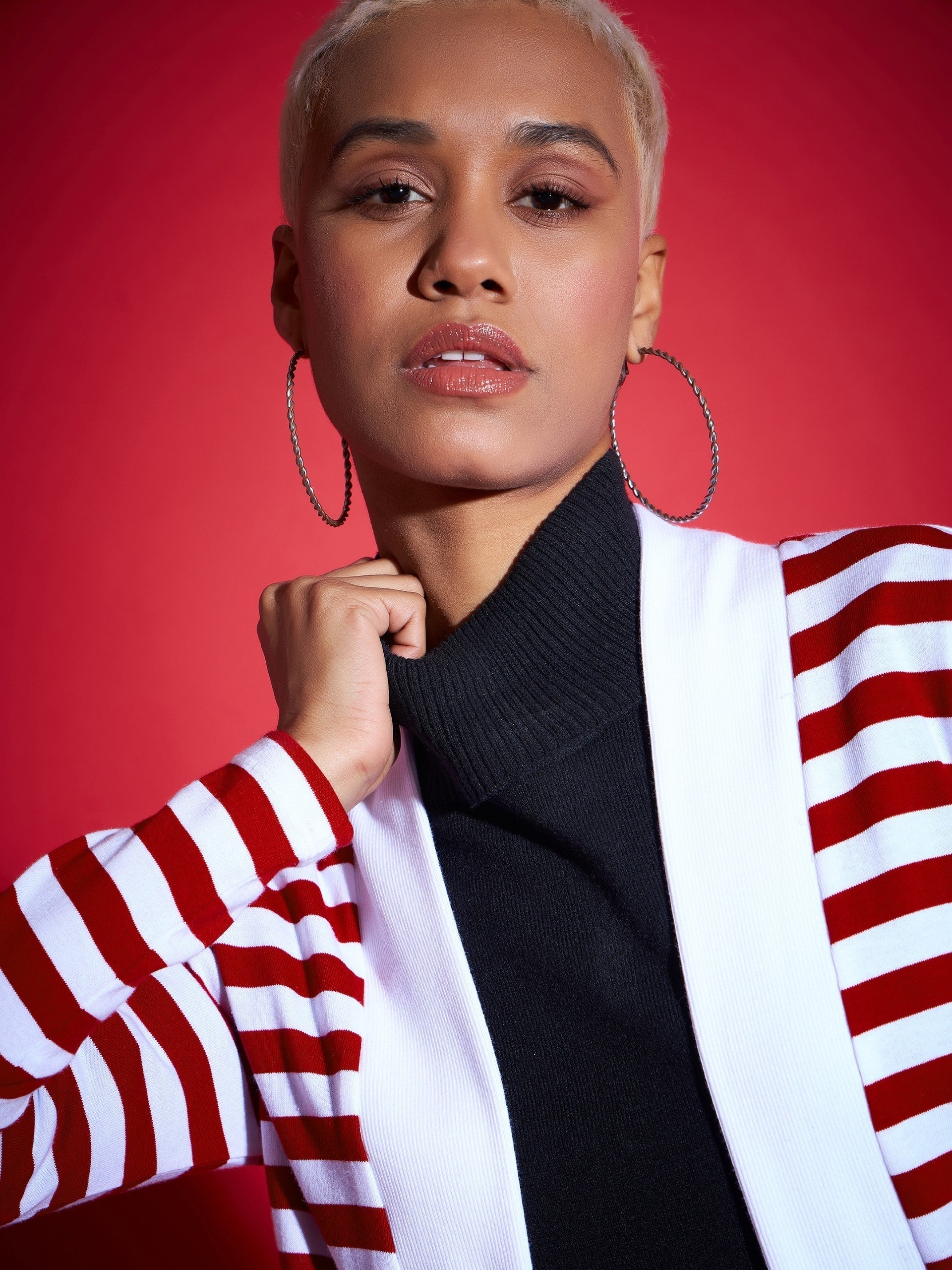 Red & White Striped Front Open Sweater-SASSAFRAS