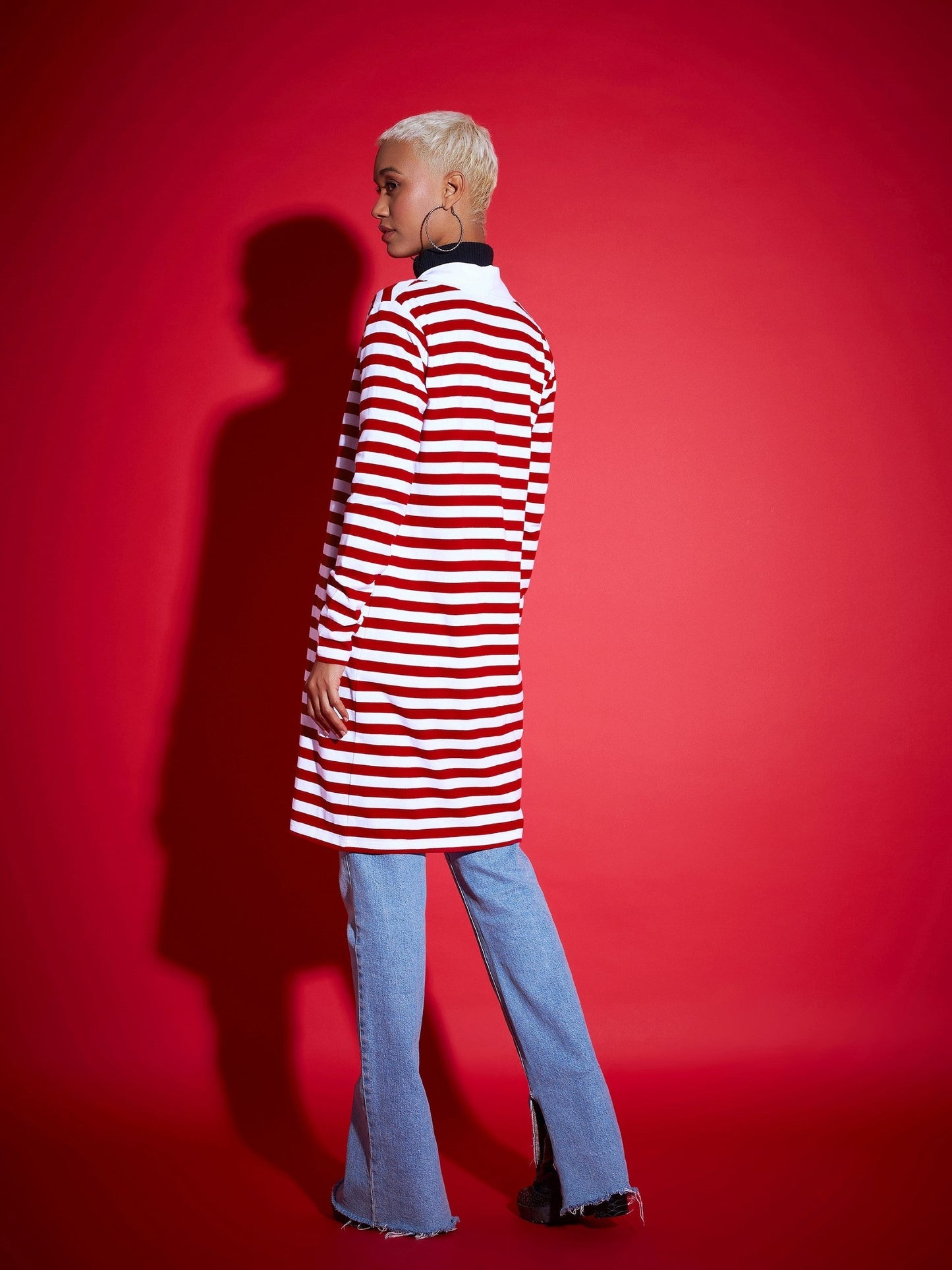 Red & White Striped Front Open Sweater-SASSAFRAS
