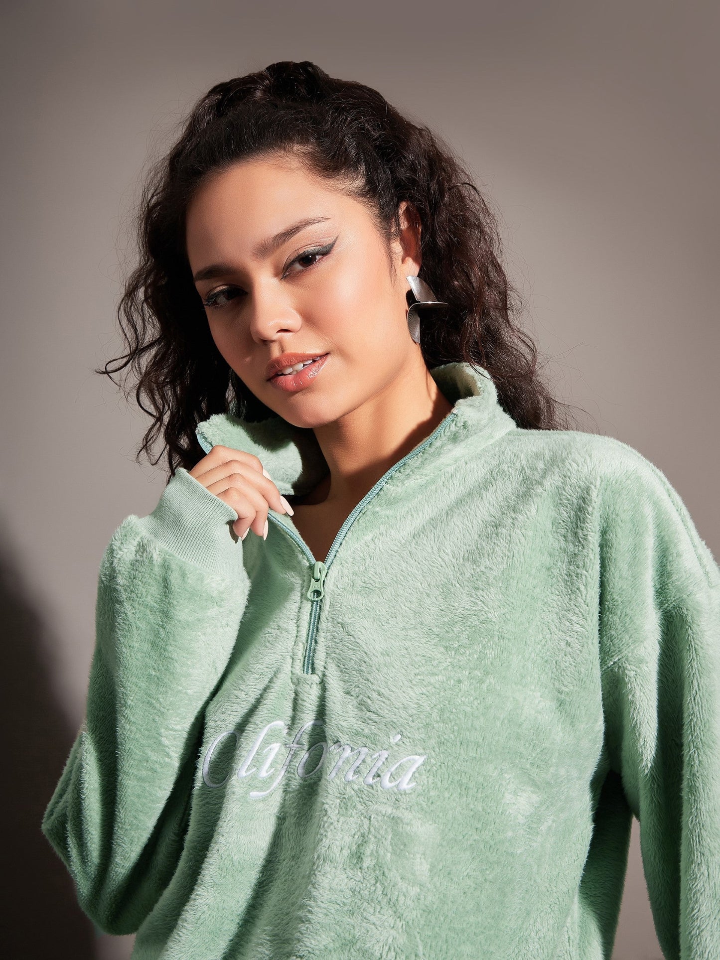 Women Green Fur California Embroidered High Neck Sweatshirt