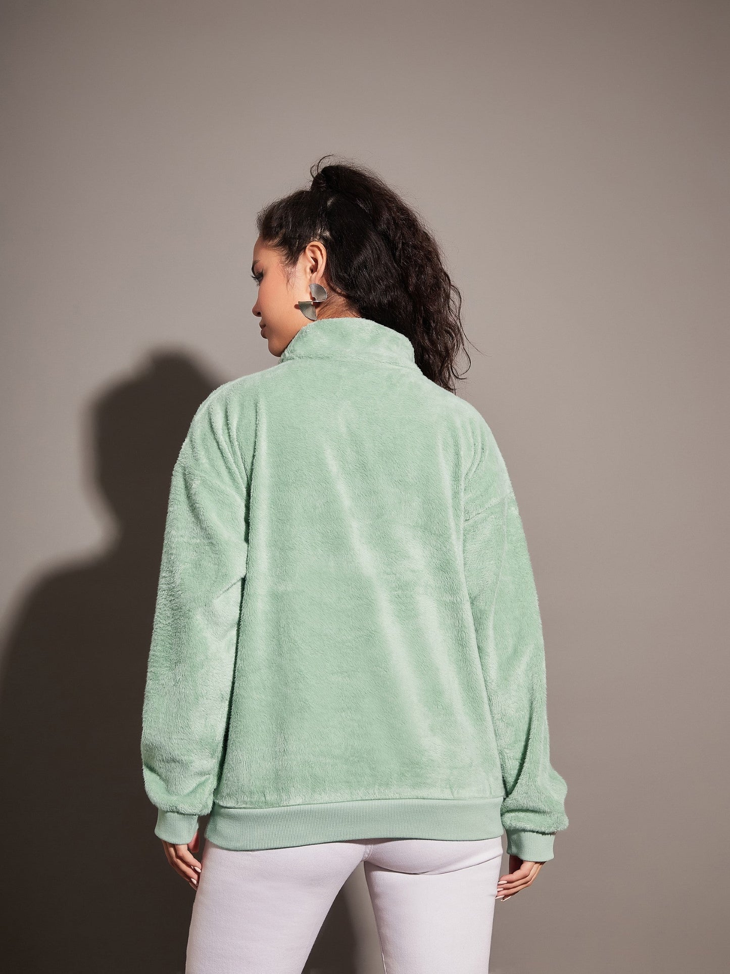Women Green Fur California Embroidered High Neck Sweatshirt
