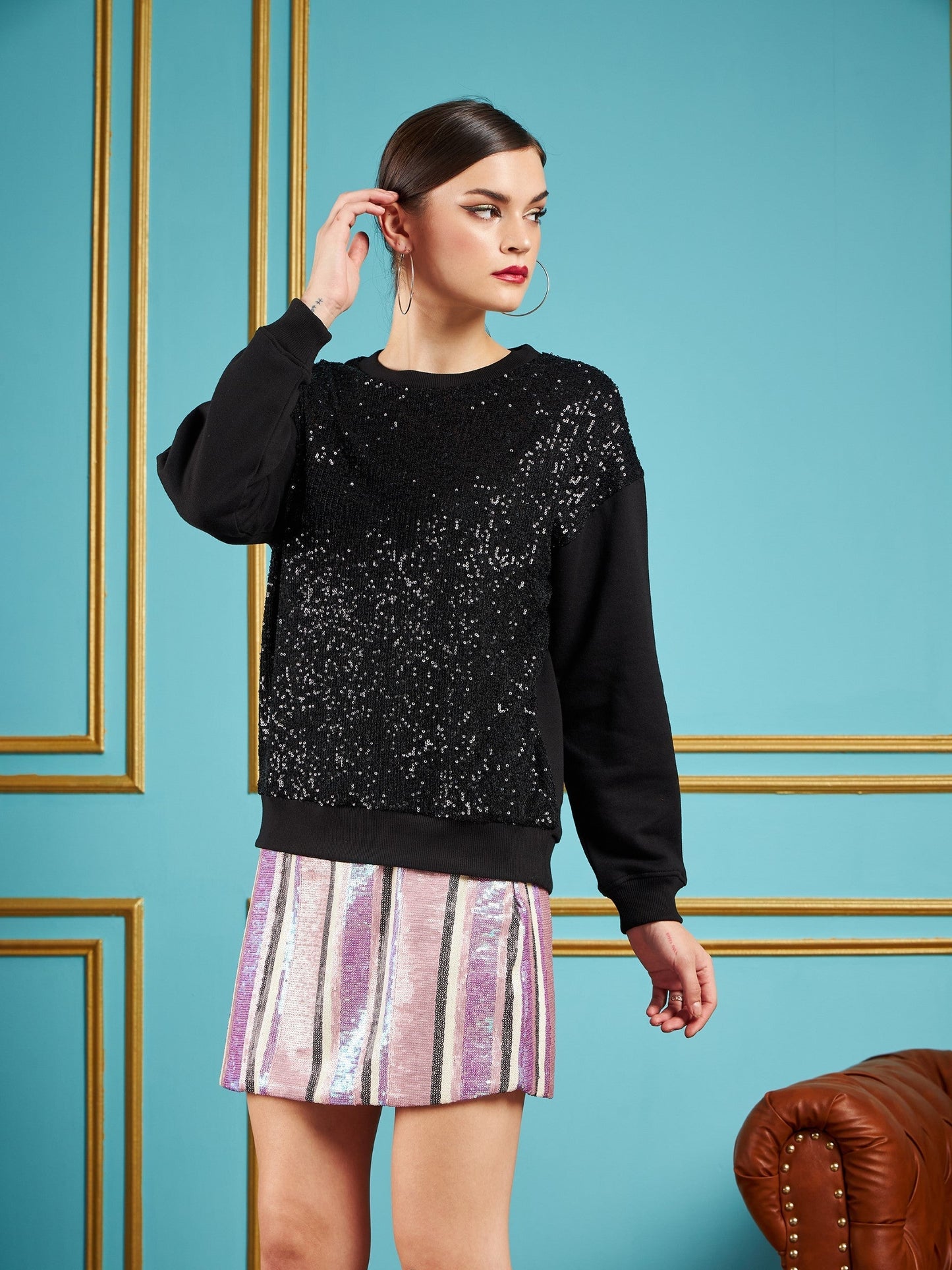 Black Sequin Oversized Sweatshirt-SASSAFRAS