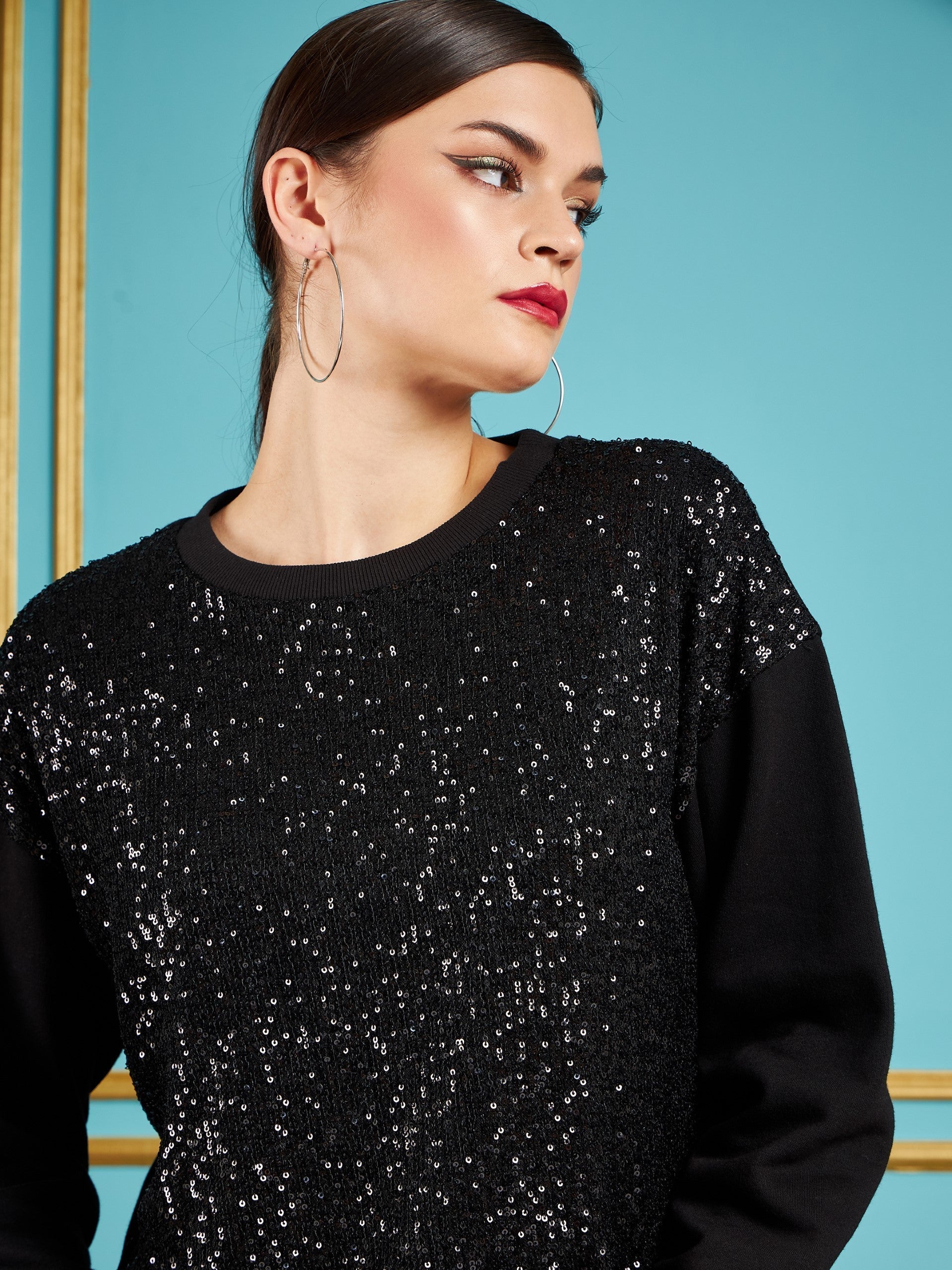 Black Sequin Oversized Sweatshirt-SASSAFRAS