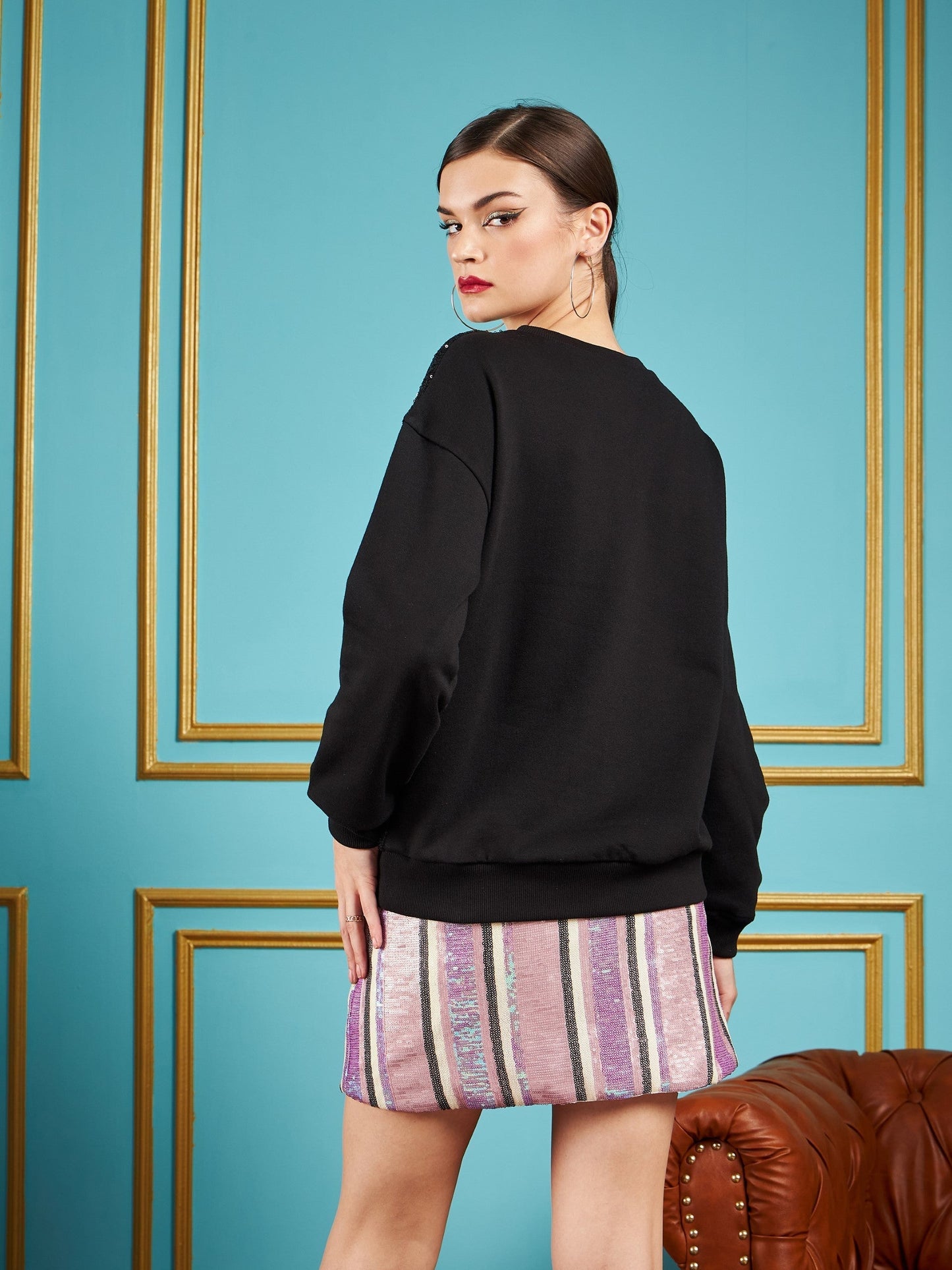 Black Sequin Oversized Sweatshirt-SASSAFRAS