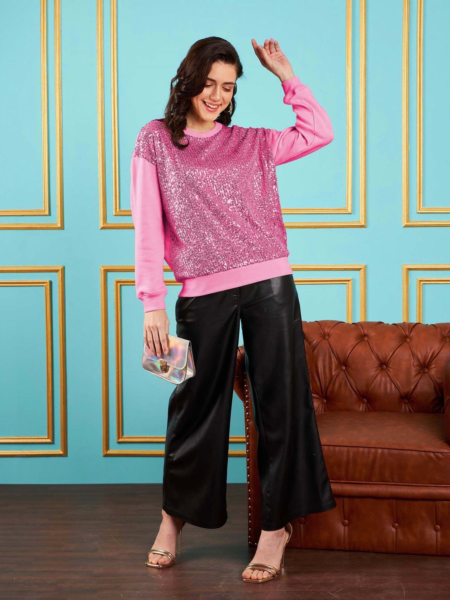 Pink Sequin Oversized Sweatshirt-SASSAFRAS