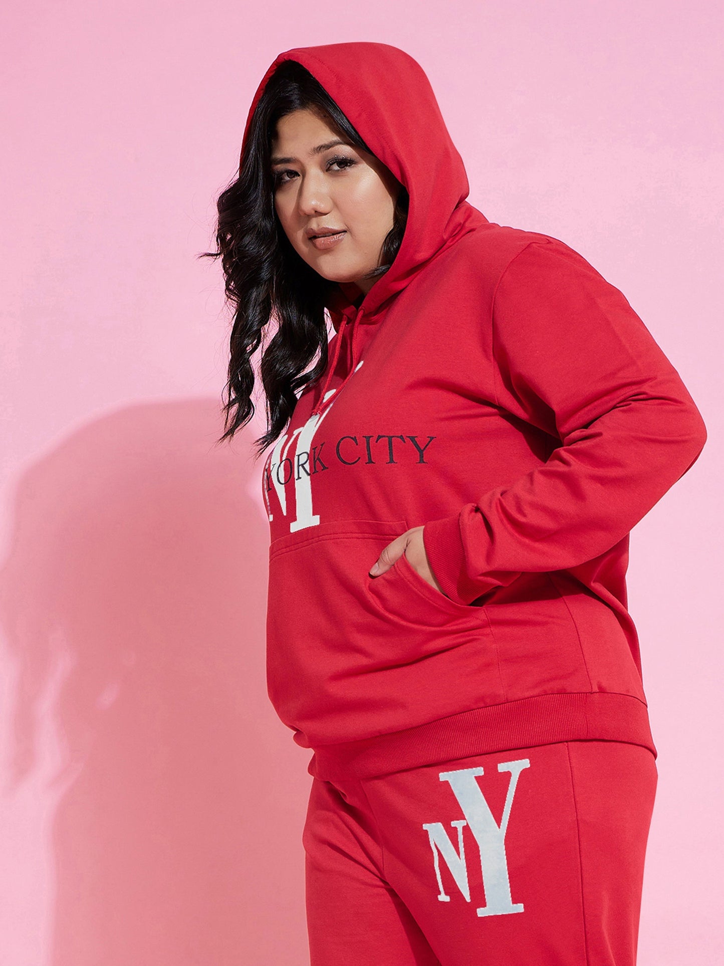 Women Red New Yoke Fleece Hoodie