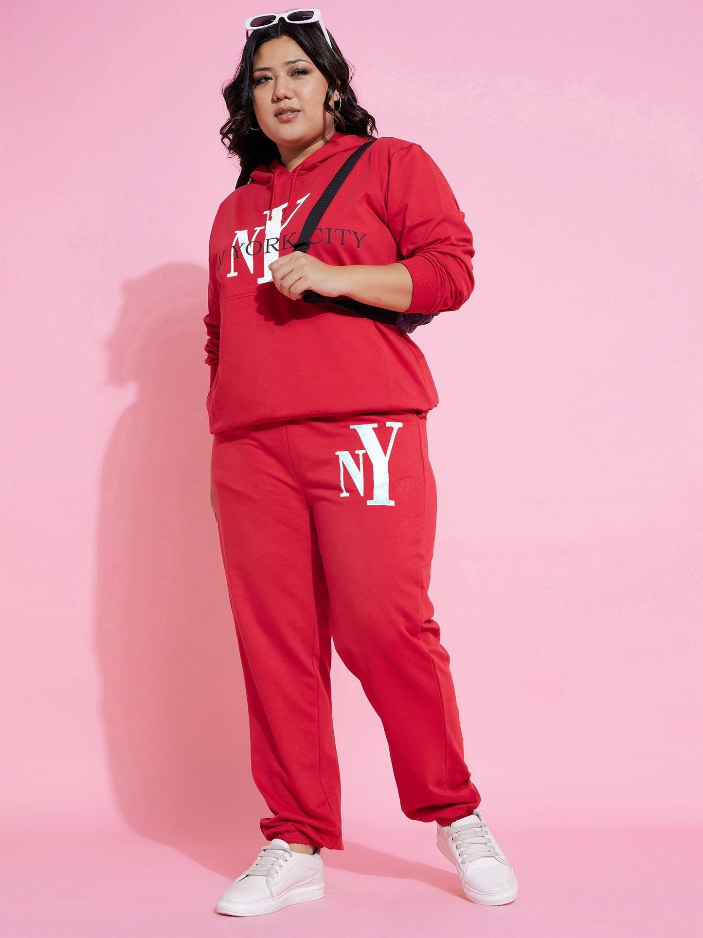 Women Red New Yoke Terry Hoodie With Joggers