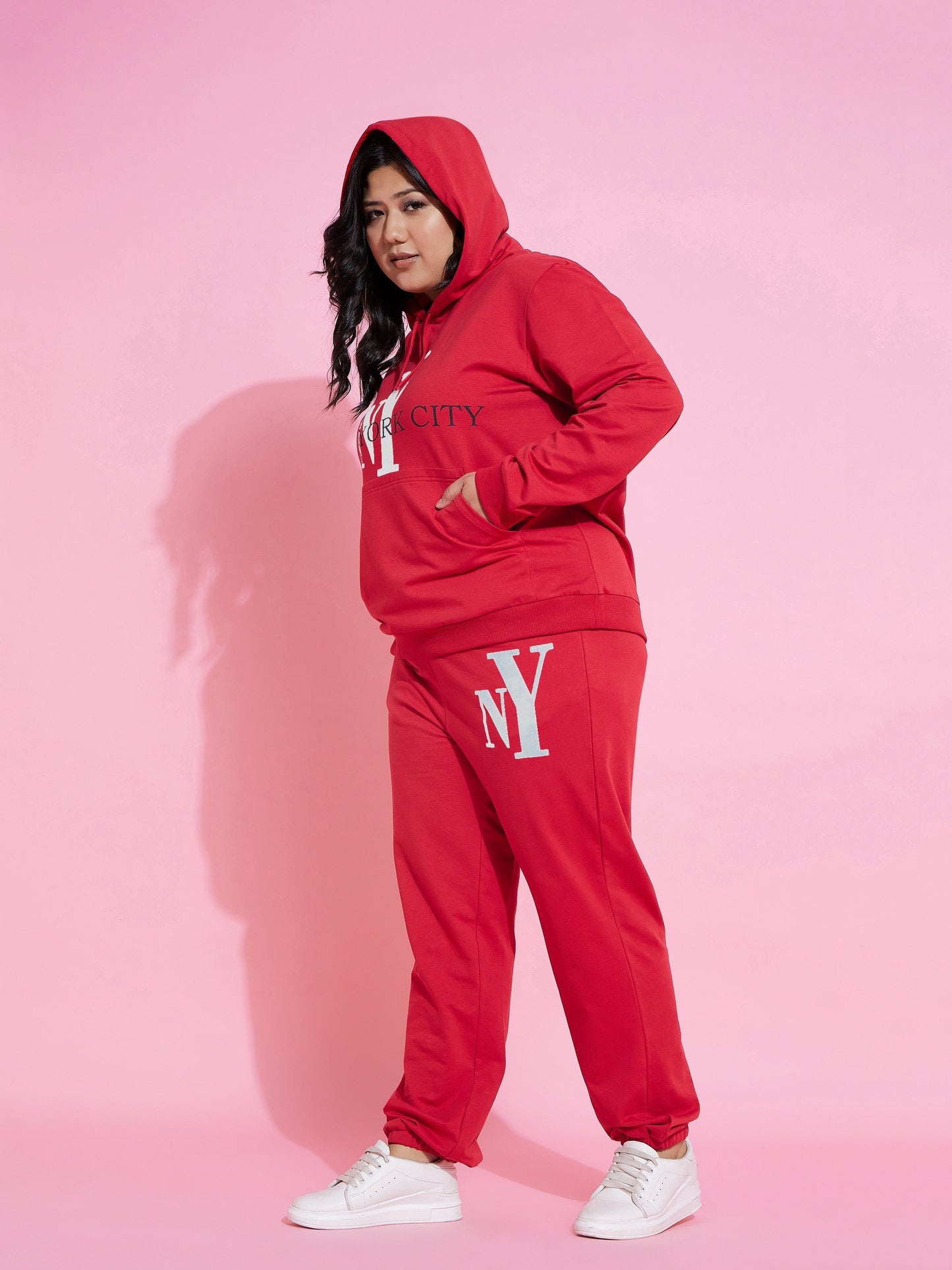 Women Red New Yoke Terry Hoodie With Joggers