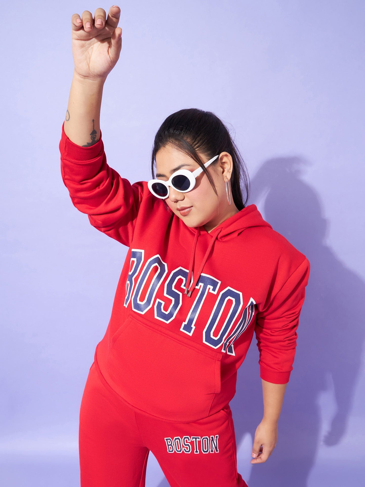 Women Red Fleece Boston Hoodie