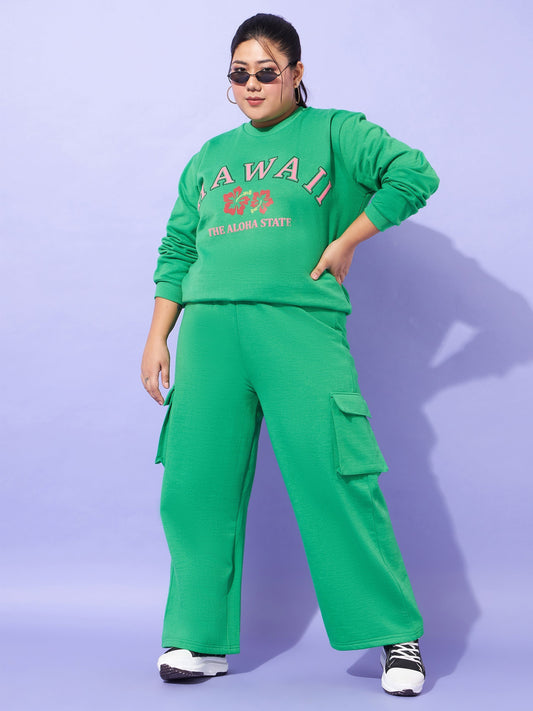 Women Green Fleece Hawaii Sweatshirt With Track Pants