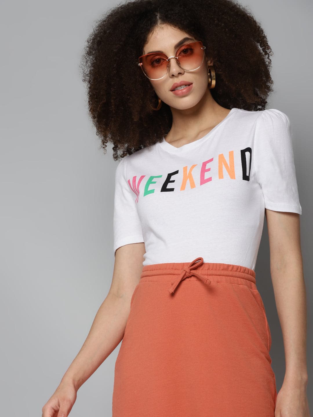 White WEEKEND Print Puff Sleeve T-Shirt-T-Shirts-SASSAFRAS