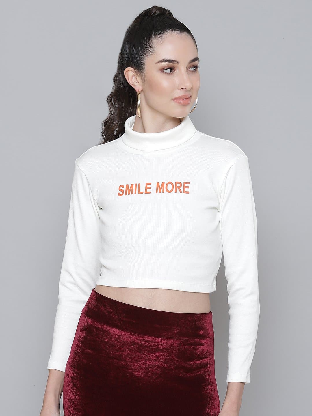 White Rib SMILE MORE Turtle Neck Crop Top-Tops-SASSAFRAS