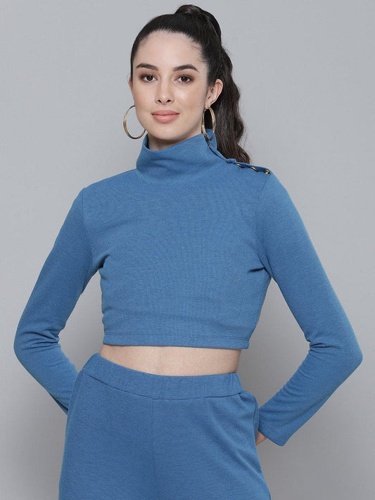 Blue Rib Turtle Buttoned Neck Crop Top-Tops-SASSAFRAS
