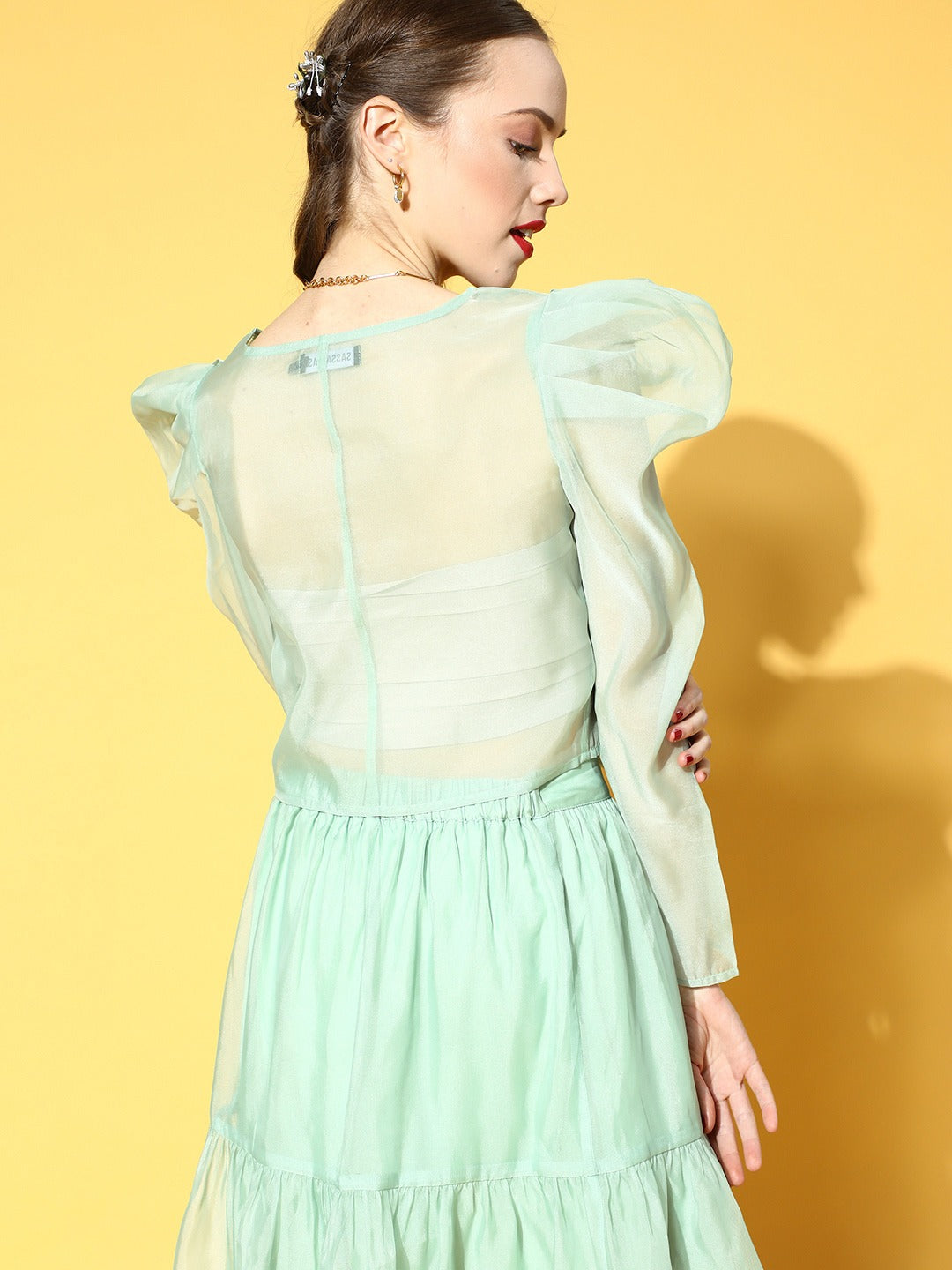Sea Green Organza Power Shoulder Sheer Crop Top