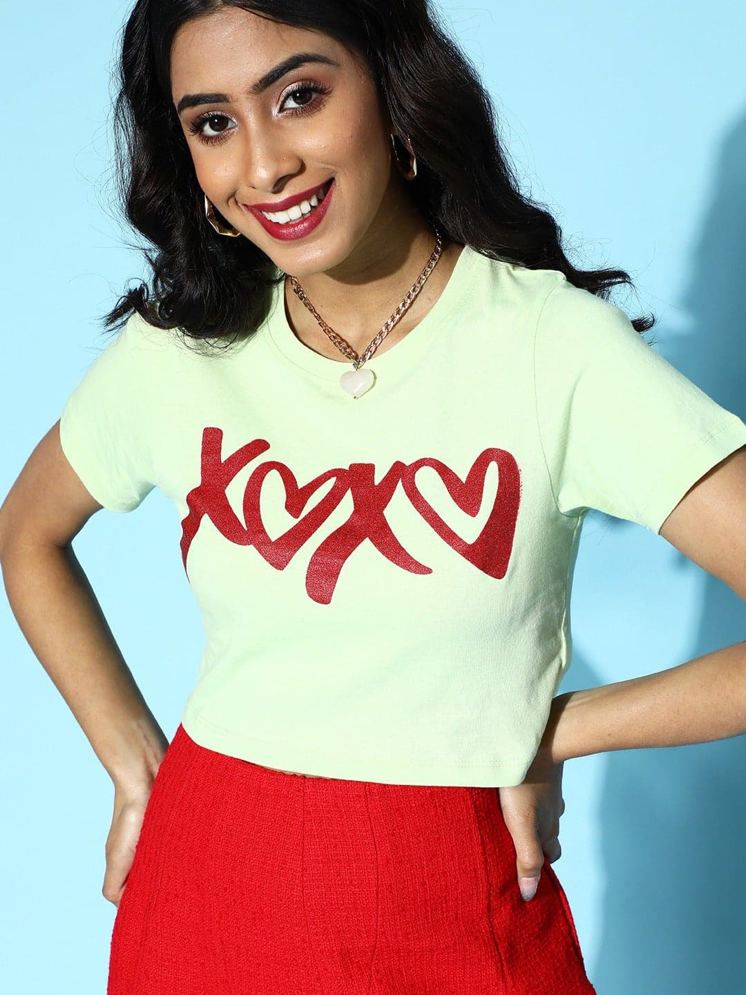Green XOXO Crop T-Shirt-T-Shirts-SASSAFRAS