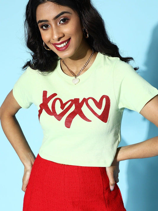 Green XOXO Crop T-Shirt-T-Shirts-SASSAFRAS