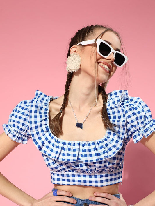 Women Blue Gingham Check Layered Crop Top
