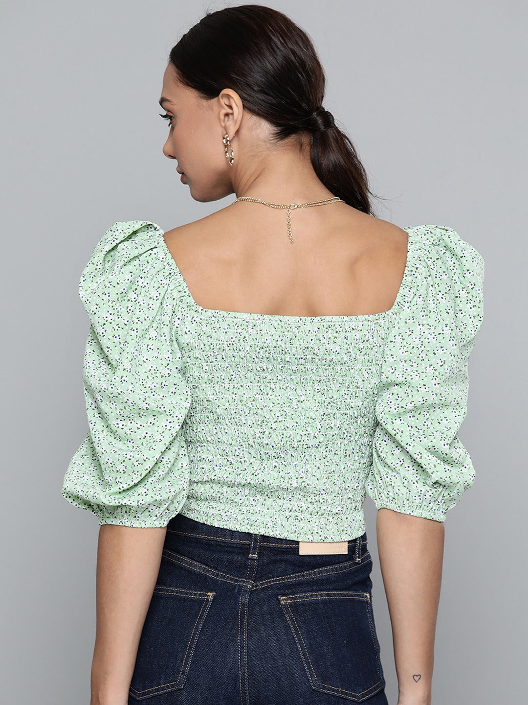 Women Green Floral Smocking Crop Top