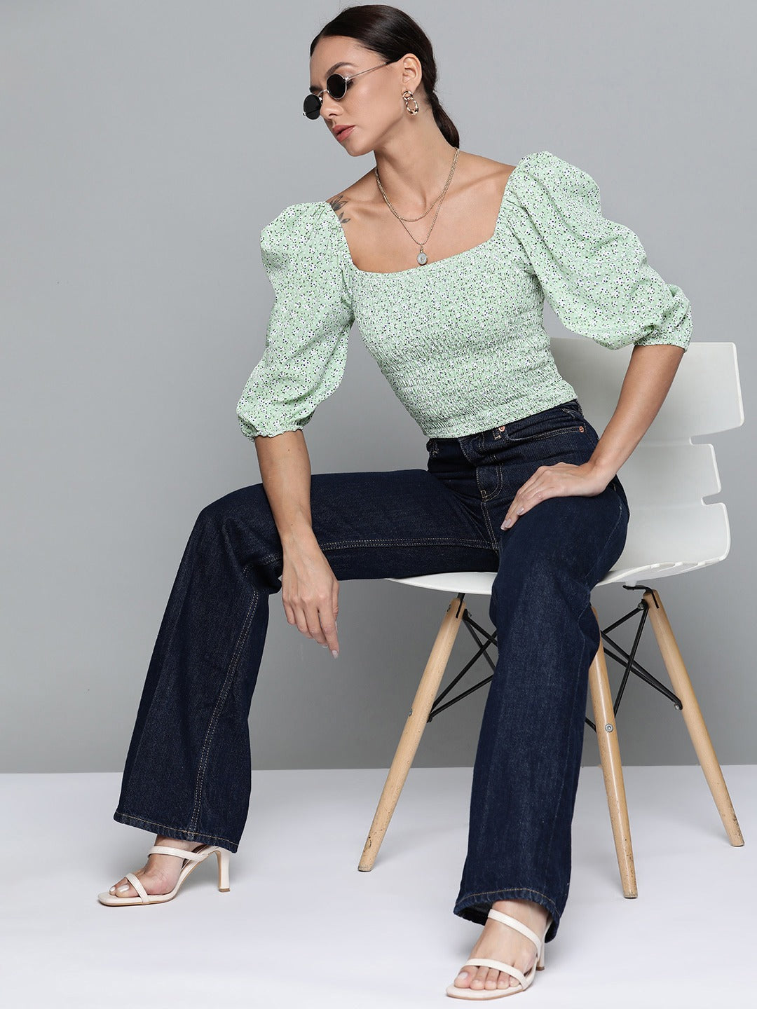 Women Green Floral Smocking Crop Top