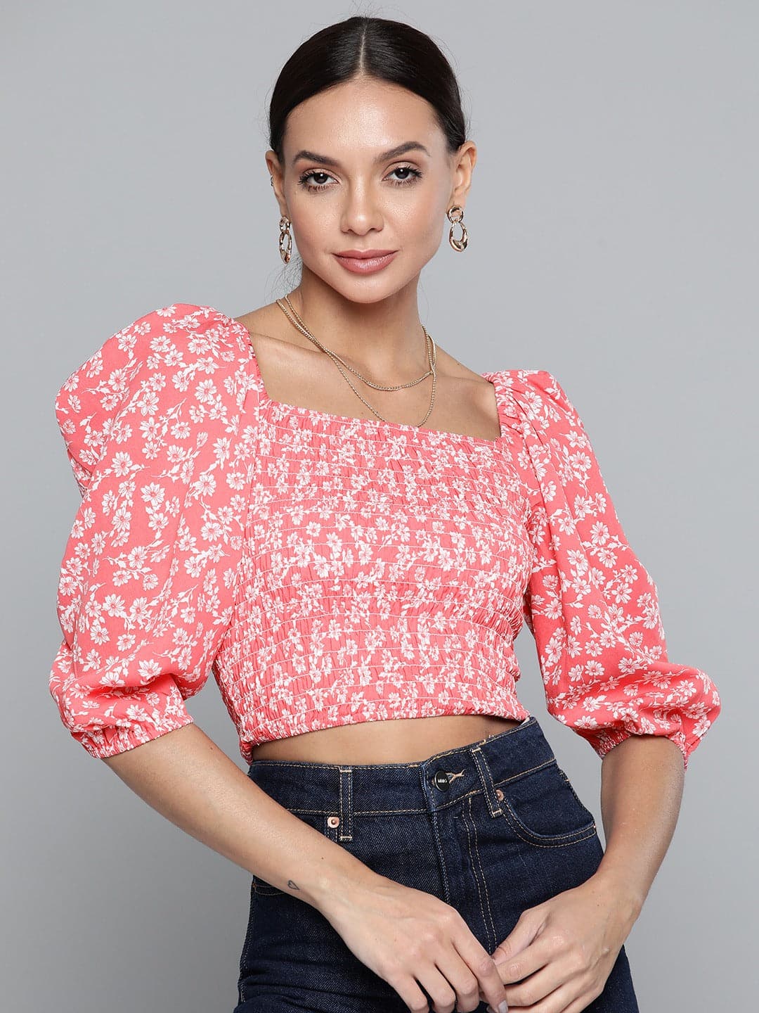 Women Pink Floral Smocking Crop Top