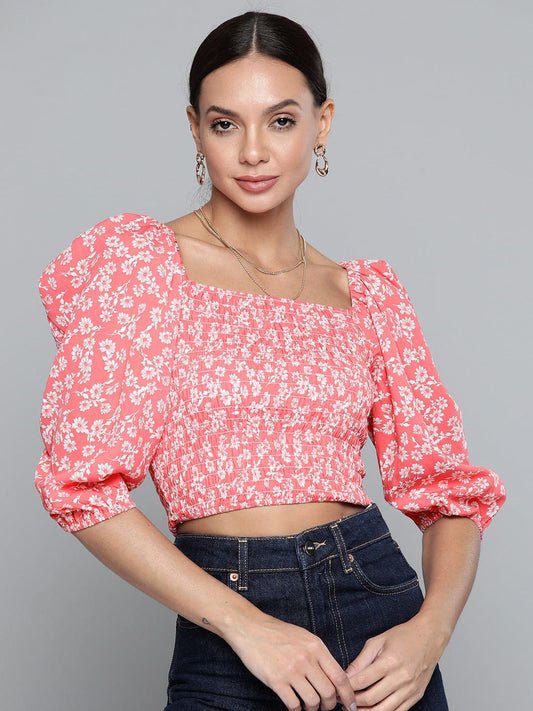 Women Pink Floral Smocking Crop Top