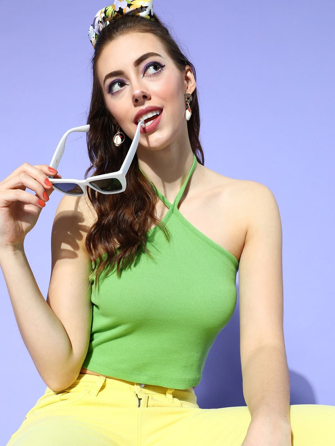 Women Green Halter Neck Crop Top-Tops-SASSAFRAS