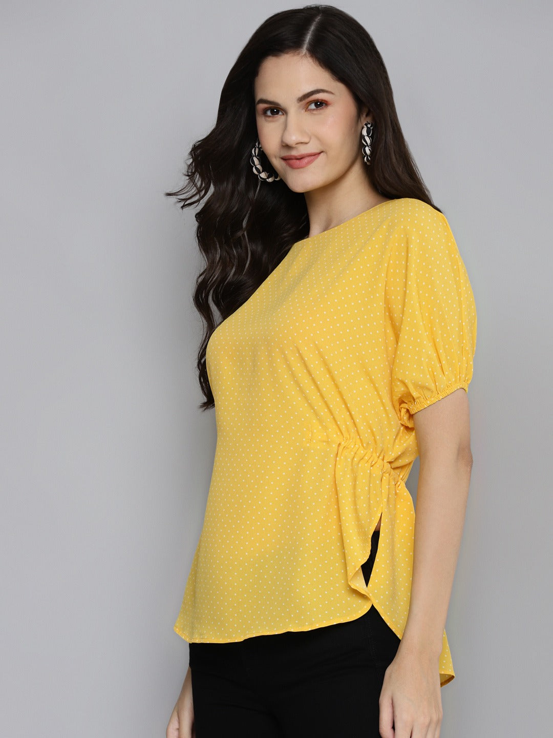 Women Yellow Pin Dots Back Tie-Up Top