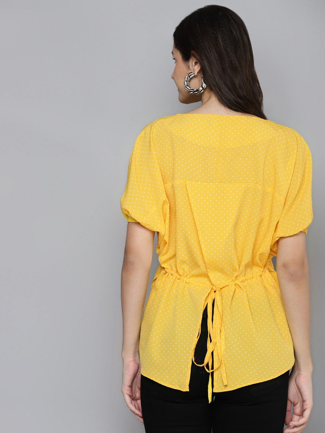 Women Yellow Pin Dots Back Tie-Up Top