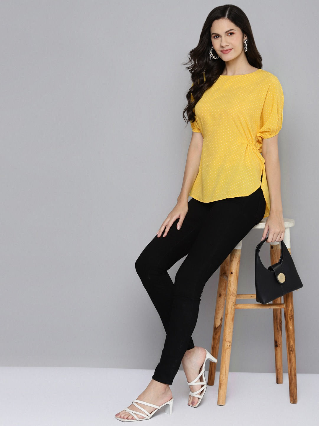 Women Yellow Pin Dots Back Tie-Up Top