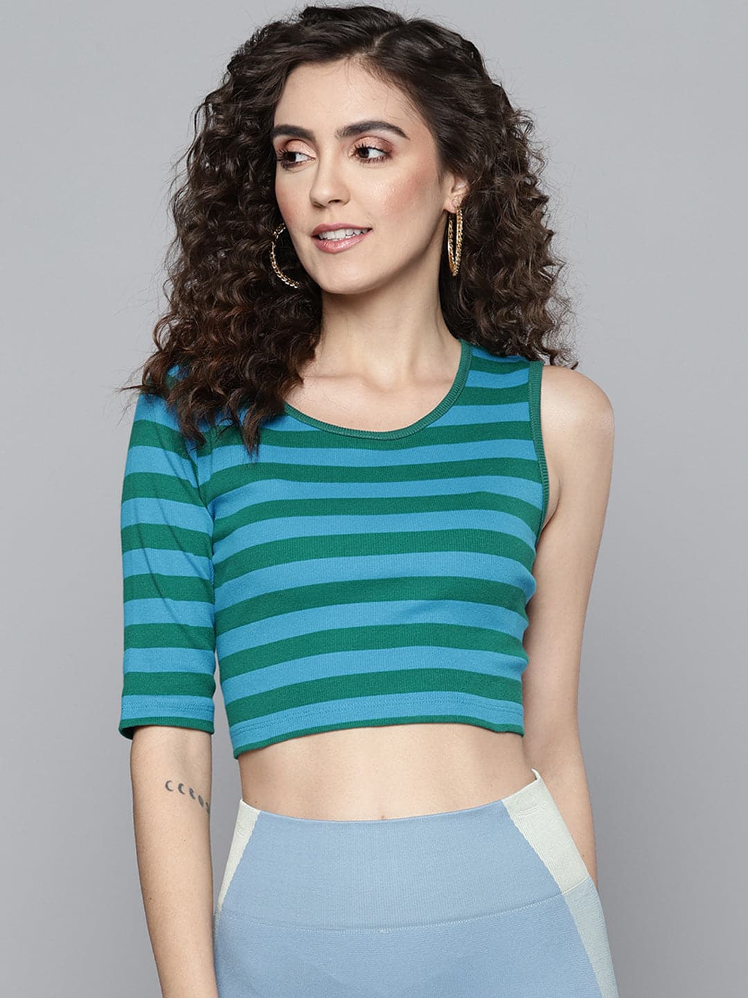 Women Green & Blue Rib One Side Sleeve Crop Top-Tops-SASSAFRAS