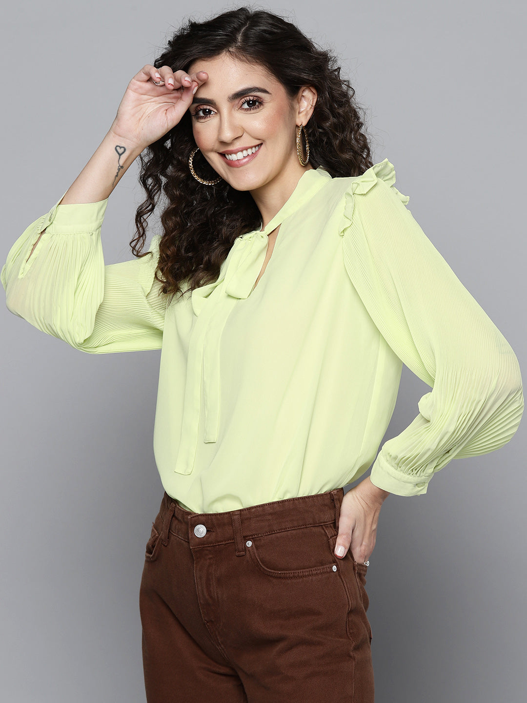 Women Sea Green Pleated Sleeve Tie-Up Top