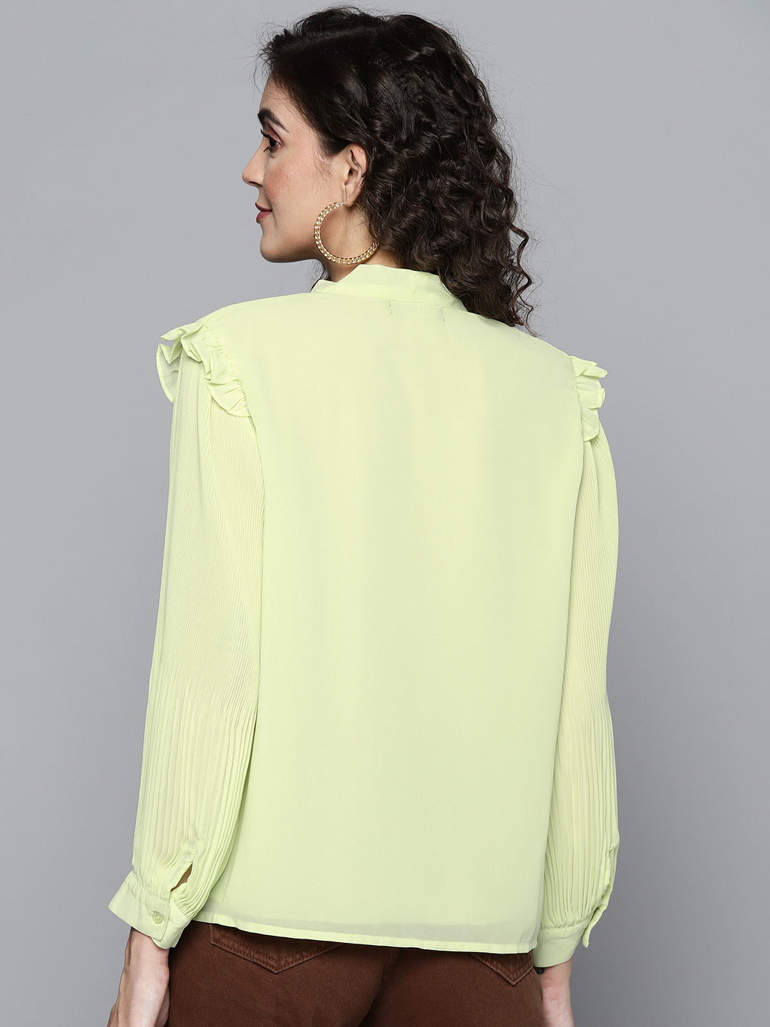 Women Sea Green Pleated Sleeve Tie-Up Top