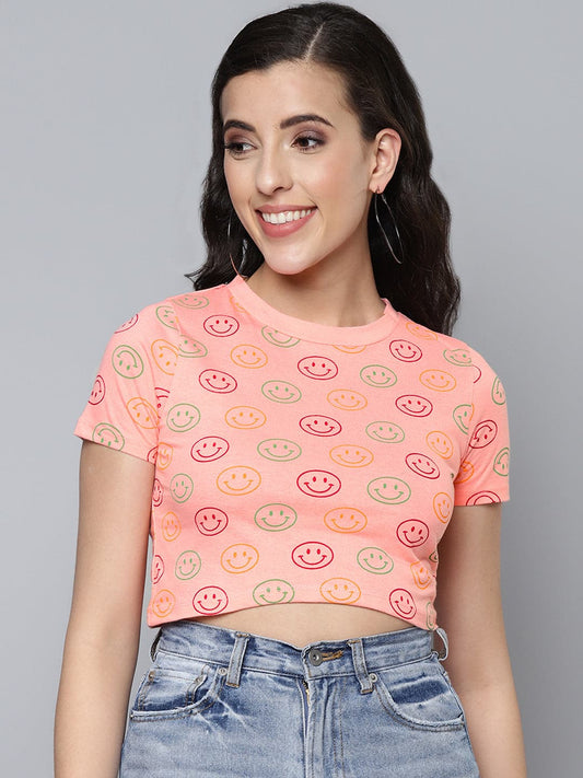 Women Pink Smiley Slim Fit Crop T-shirt-T-Shirts-SASSAFRAS
